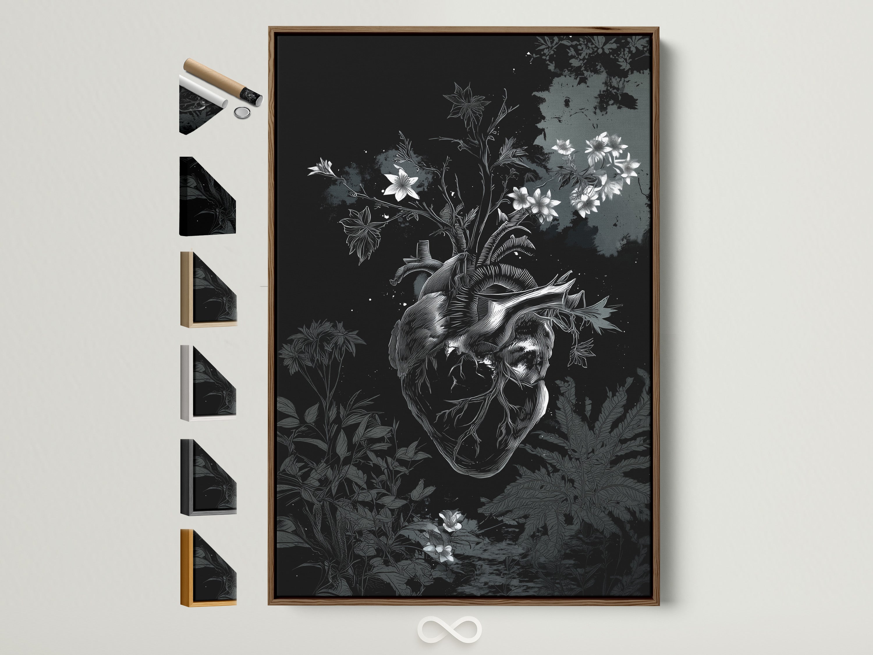Framed art print featuring an anatomical heart intertwined with flowers. The artwork is displayed in a brown frame. It is part of a collection with various frame options. Find the perfect frame to complement your art.