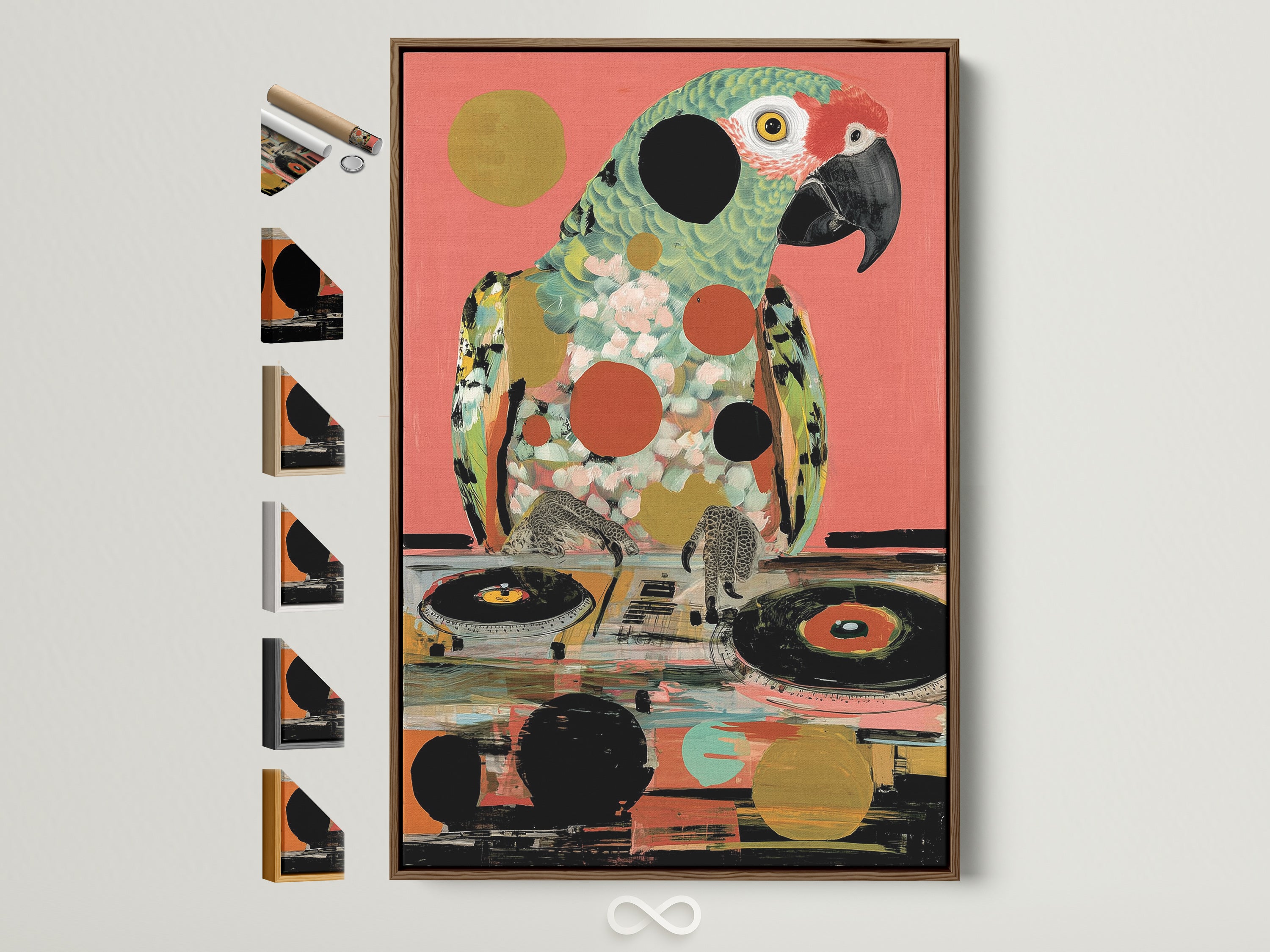 Explore frame options for the Parrot DJ art print. This tropical bird music wall art features a retro turntable. It's displayed in a brown frame. See all available frame styles to perfectly match your decor. This funky animal art makes a statement.