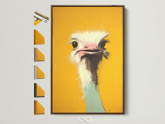 A vibrant ostrich art print is displayed in a brown frame. The frame showcases all available framing options. Perfect for adding a touch of whimsy to any room. Discover framed art for your home.