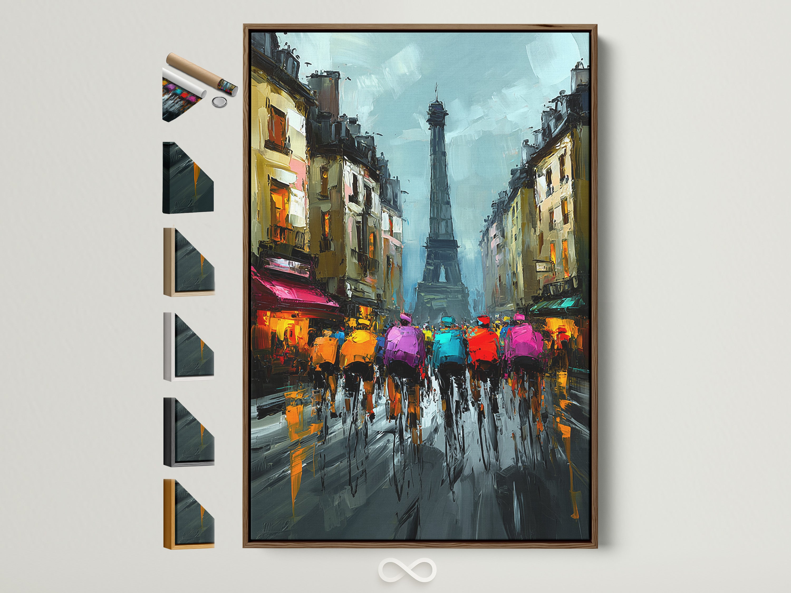 Artwork of cyclists riding towards the Eiffel Tower is displayed in a brown frame. The frame options are shown on the side. This framed artwork adds a touch of Paris to any room. The brown frame enhances the art. It is perfect for home or office decor.
