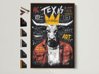A captivating Texas Longhorn bull artwork is displayed within a brown frame. Notice the various frame options showcased along the side. The artwork is a modern graffiti style piece perfect for any space.