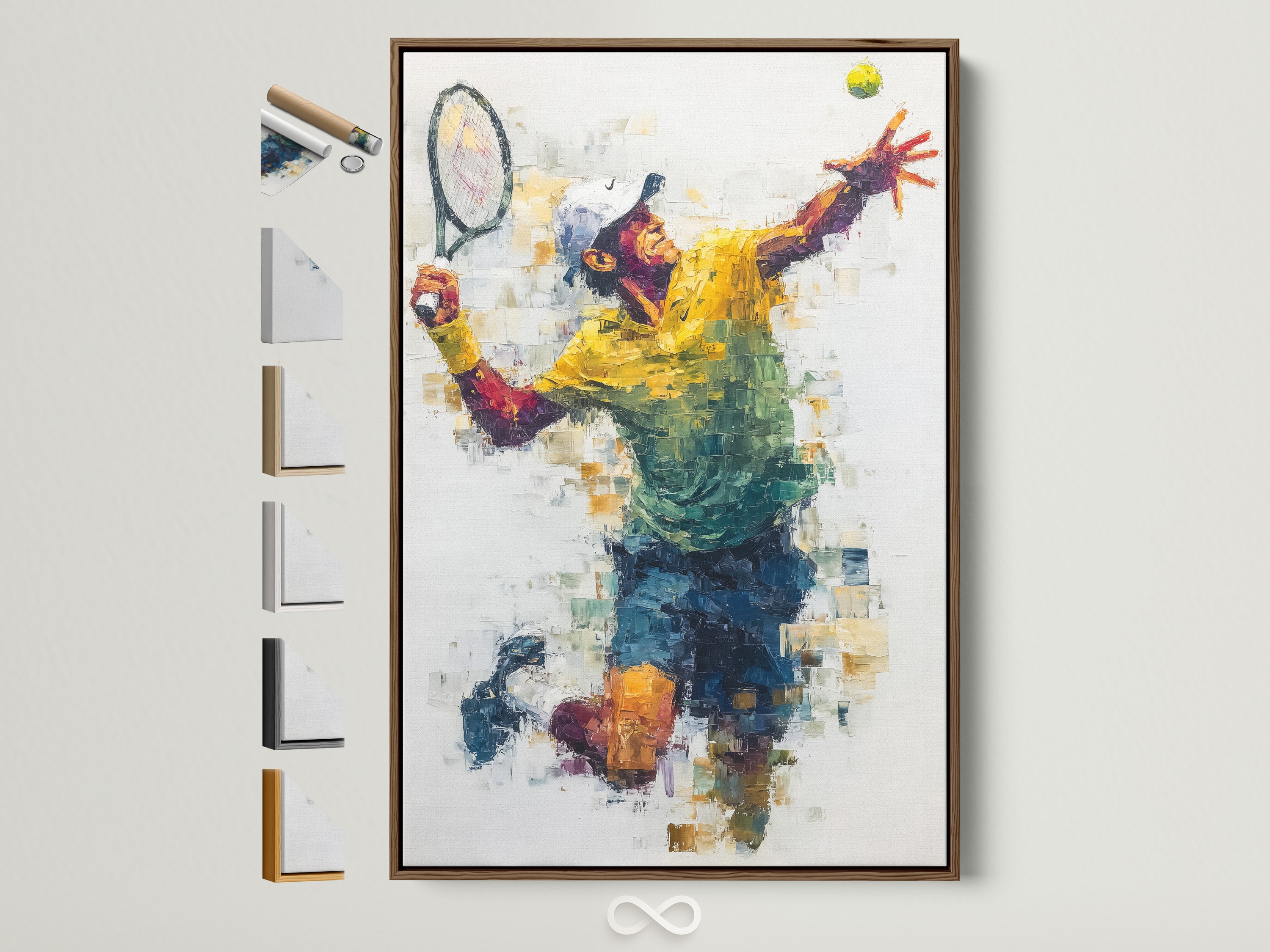Explore the Tennis Player Canvas Print framed in a natural brown wood. See all available frame options beside the artwork. Ideal abstract sports wall art for home or office decor. The colorful athletic artwork complements modern styles. Perfect for sports enthusiasts and art lovers.