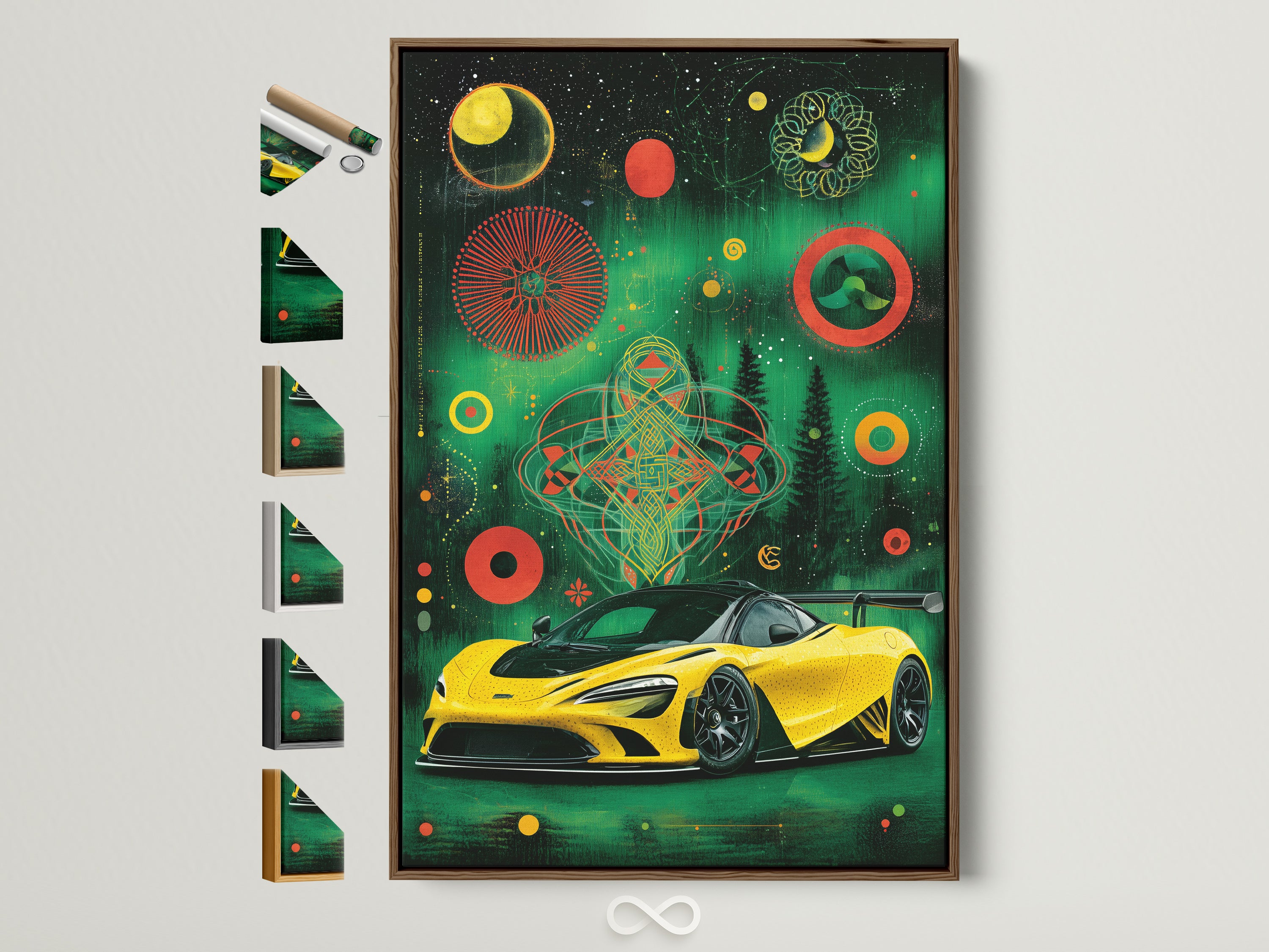 Explore framed sports car artwork. See frame options for cosmic geometric wall art. A yellow supercar poster adds flair to garage decor. Discover man cave wall art possibilities. Find the perfect frame to complement your racing car art.