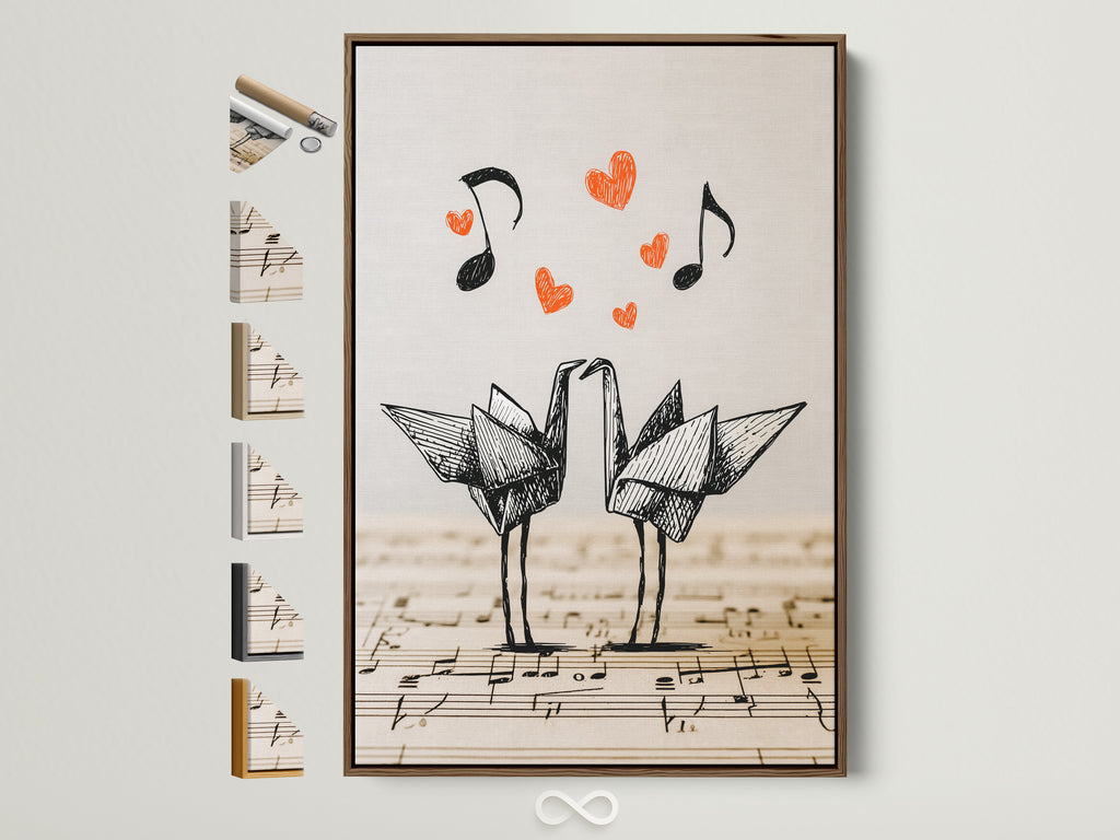 Framed origami cranes artwork displayed. The artwork features two origami cranes on a music sheet background. Red hearts and music notes float above. A brown frame surrounds the minimalist art. Frame options are visible on the side.