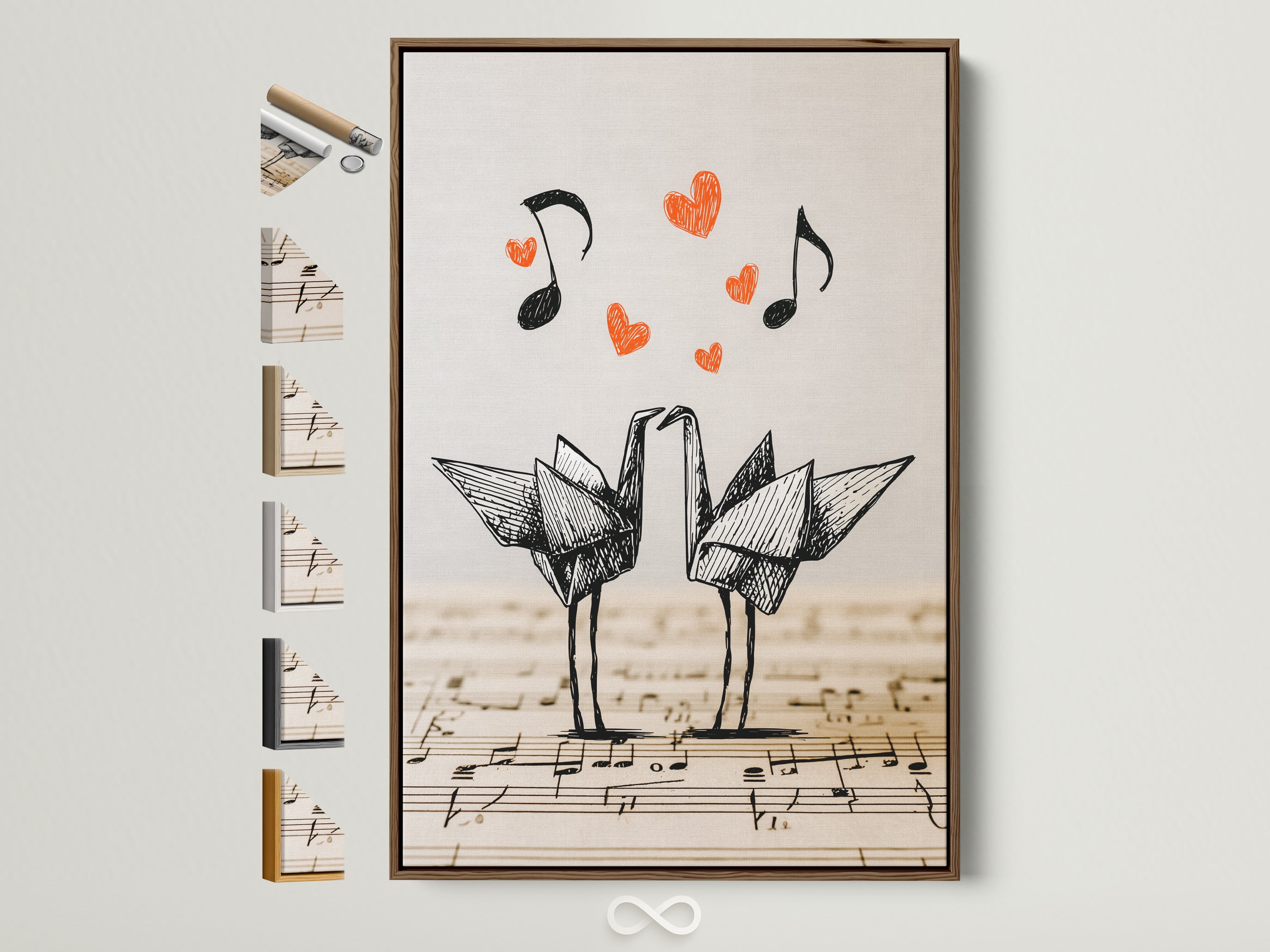 Framed origami cranes artwork displayed. The artwork features two origami cranes on a music sheet background. Red hearts and music notes float above. A brown frame surrounds the minimalist art. Frame options are visible on the side.