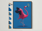 A vibrant flamingo artwork is displayed in a brown frame. All frame options are showcased on the side. This artwork adds a touch of elegance. It enhances any room's aesthetic appeal. Perfect for art lovers seeking a modern touch. It’s a great way to elevate your home decor.