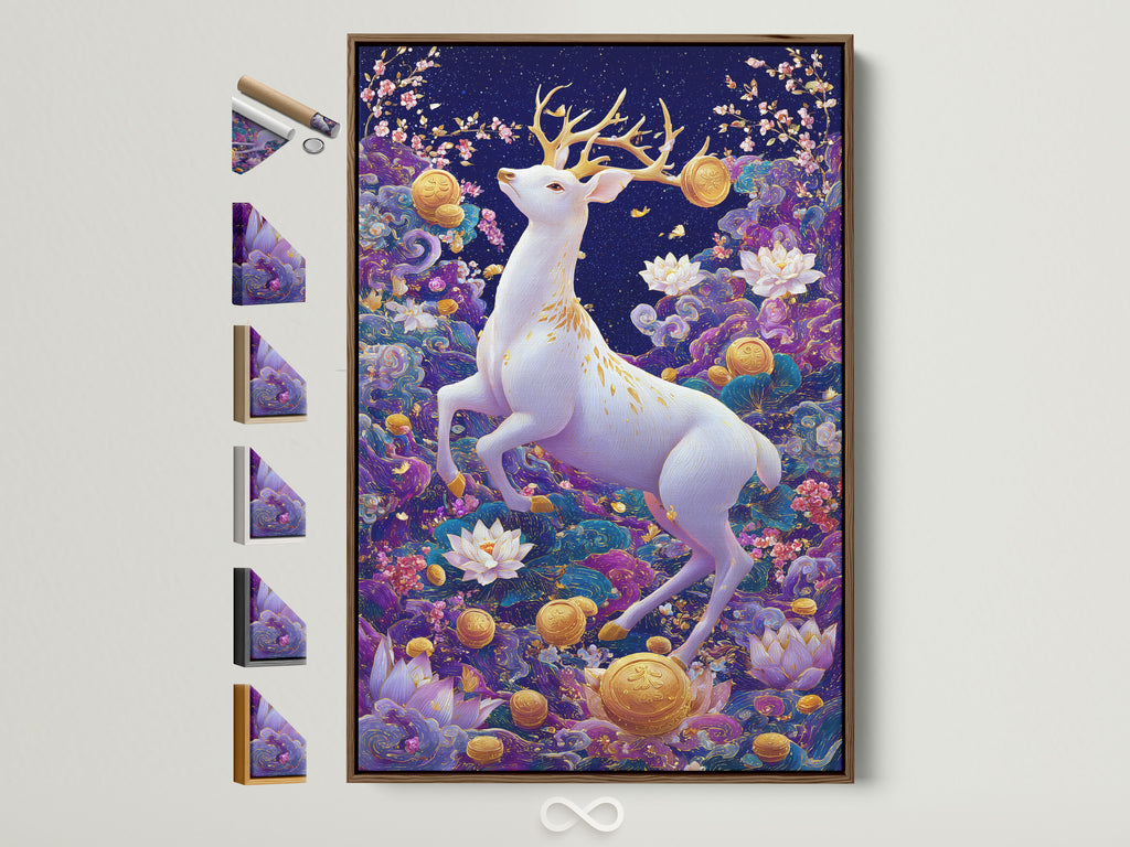 A brown frame displays mystical forest wall art. The white deer art is surrounded by a purple lotus print. Frame options are showcased on the side. Perfect wall decor for minimalist Scandinavian or eclectic styles