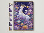 A brown frame displays mystical forest wall art. The white deer art is surrounded by a purple lotus print. Frame options are showcased on the side. Perfect wall decor for minimalist Scandinavian or eclectic styles