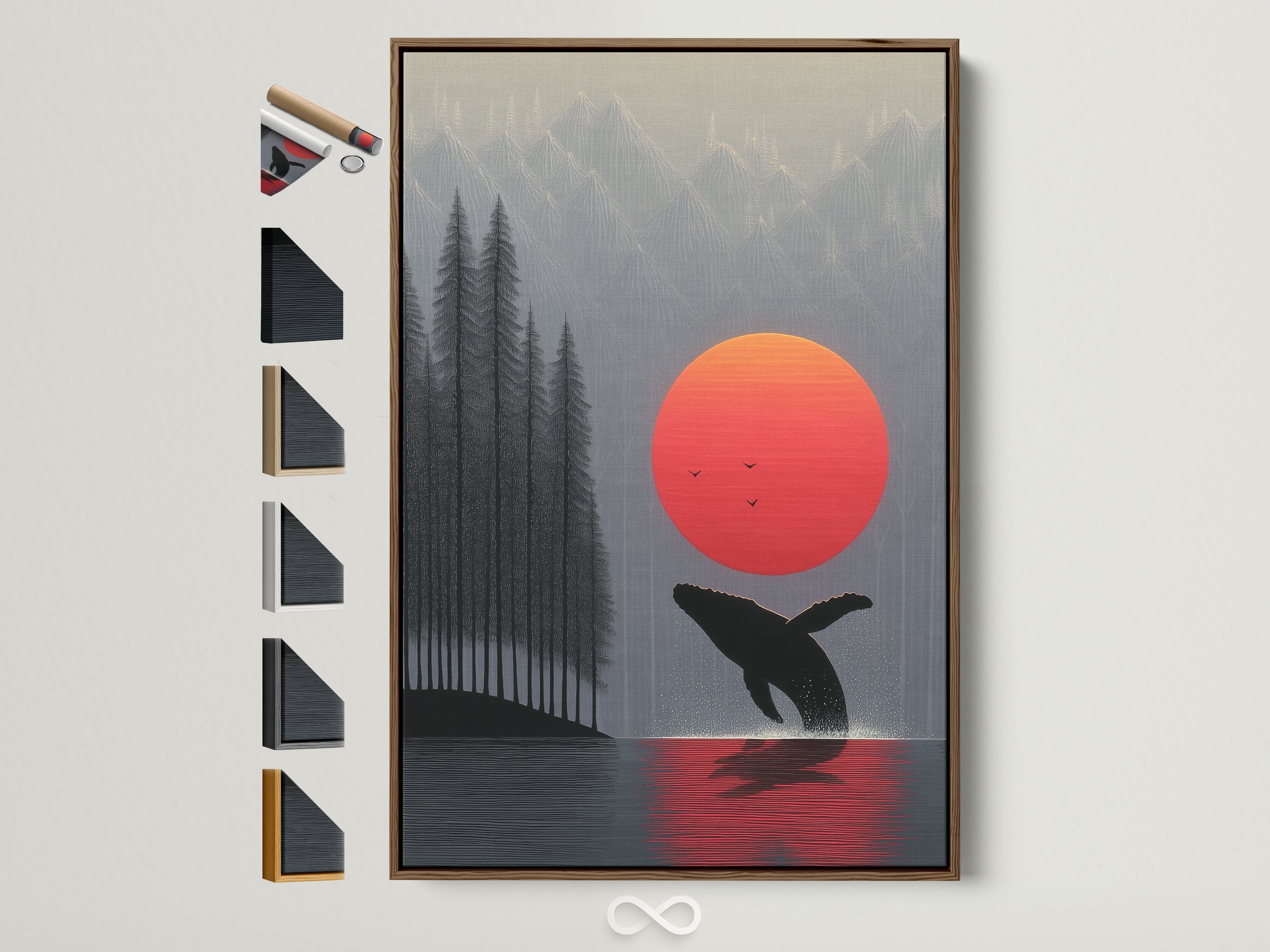 Whale Sunset artwork with a brown frame. See all our frame options to find the perfect fit for your minimalist ocean wall art. Find coastal nature posters for your bedroom. The art complements Scandinavian modern coastal or rustic interiors.