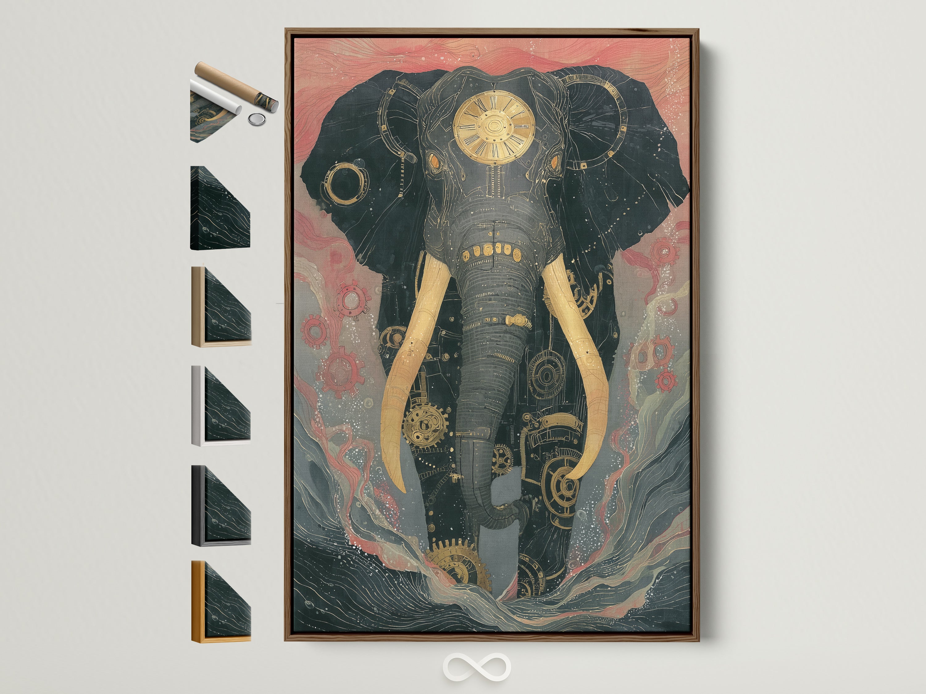 Steampunk Elephant artwork framed in a brown frame. See all frame options displayed beside the artwork. The mechanical animal wall art is perfect industrial home decor. This vintage piece elevates any study room.