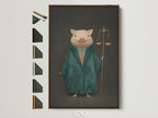 Lawyer Pig art print is displayed in a brown frame. The artwork features a pig dressed as a lawyer holding the scales of justice. See different frame options for Legal Office Wall Art. The Victorian style blends humor into law firm decor. Primary color is green with gold accents.