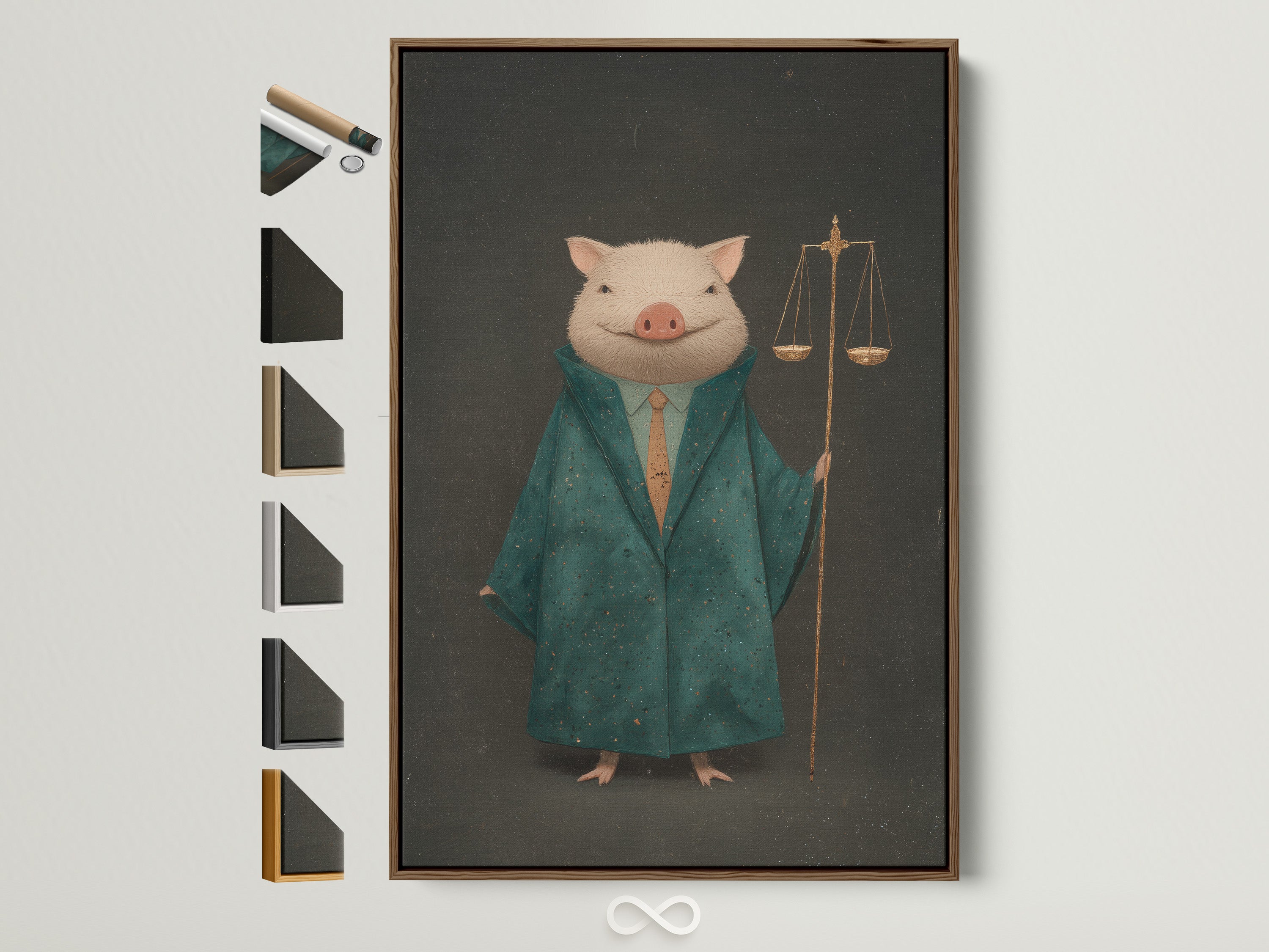 Lawyer Pig art print is displayed in a brown frame. The artwork features a pig dressed as a lawyer holding the scales of justice. See different frame options for Legal Office Wall Art. The Victorian style blends humor into law firm decor. Primary color is green with gold accents.