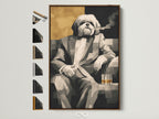 Dog Smoking Art Print in a Brown Frame. Shih Tzu Canvas Art adds a touch of humor to any space. This gentleman pet portrait is perfect for office decor. The artwork showcases a dog enjoying whiskey. It's a quirky and sophisticated piece.