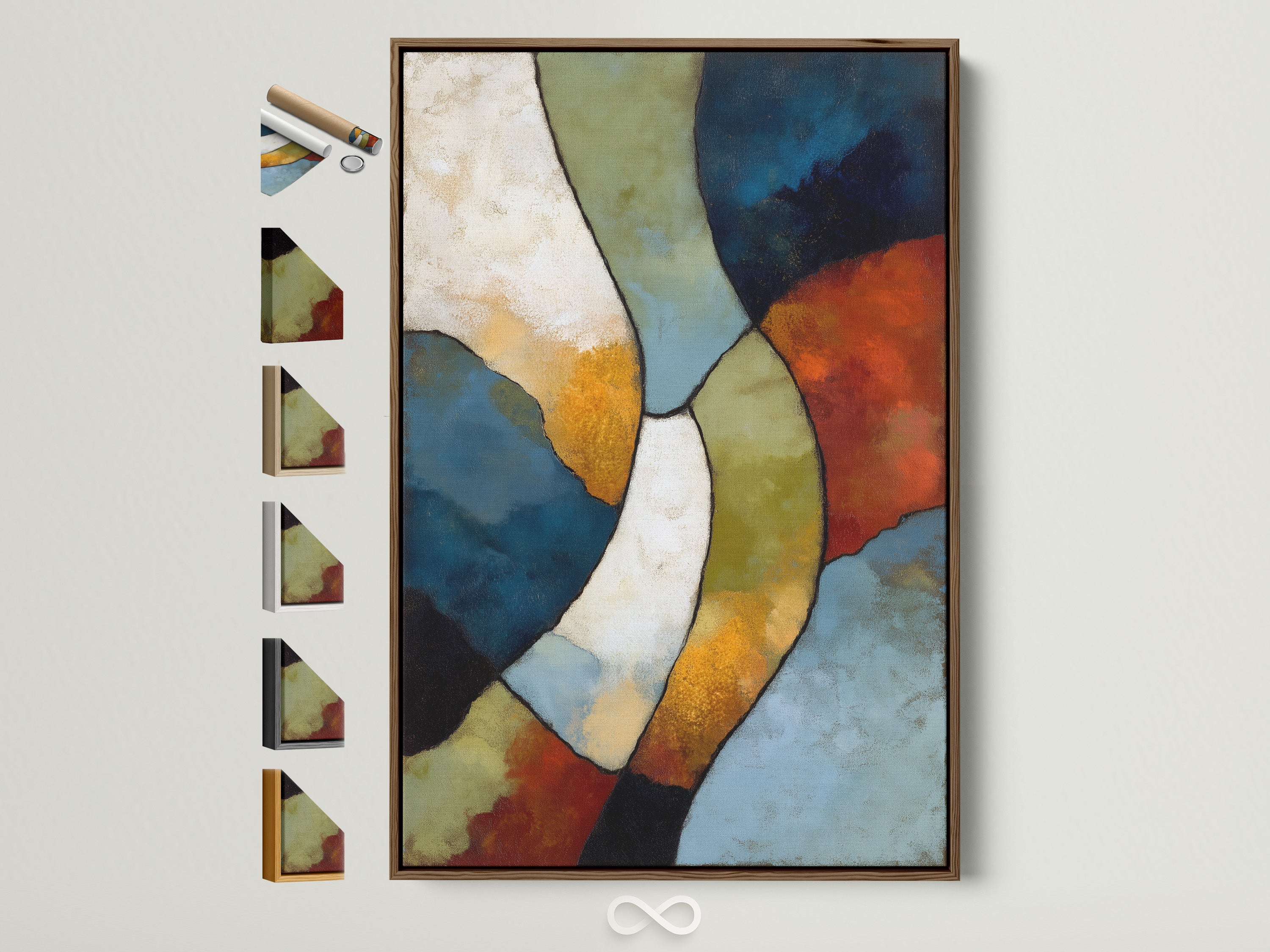 A framed abstract geometric artwork with earth tone prints. The frame is brown and several frame options are displayed to the side. Perfect contemporary artwork for office wall decor. Elevate your space with this modern wall art that fits minimalist and Scandinavian styles.