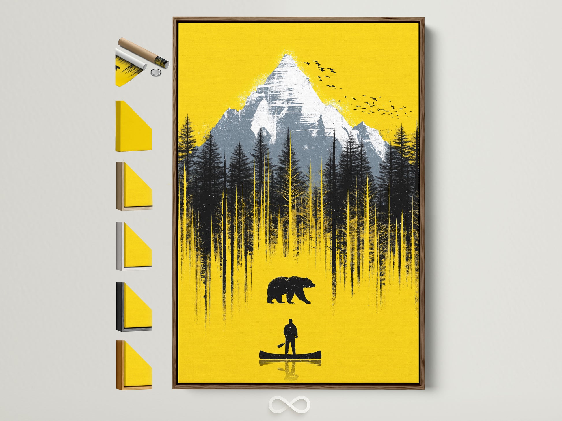 Mountain Bear artwork in a brown frame. This yellow landscape wall art brings adventure to any cabin decor. See all available frame options to customize your nature artwork. Perfect wilderness art for your home.