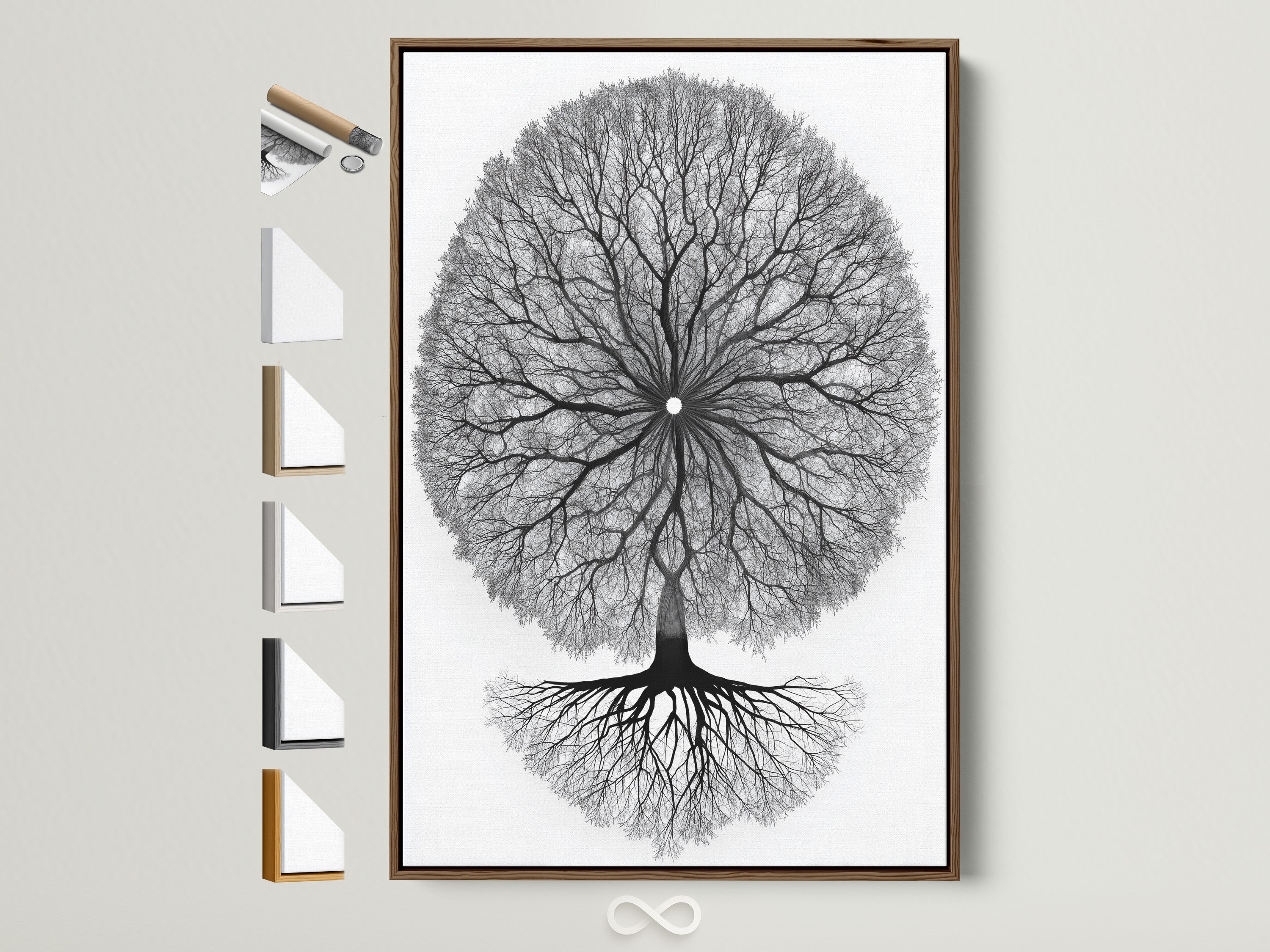 Tree of Life artwork with a brown frame. This sacred geometry wall art adds a touch of organic sophistication. It includes all available frame options on the side. Perfect for living rooms and meditation spaces.