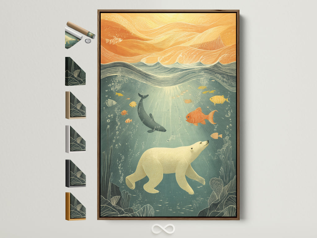 Ocean Wildlife Canvas Print in a brown frame. This artwork brings marine life to any kids room or nursery. See frame options on the side. This canvas features a polar bear underwater with fish. Coastal style with blue and orange hues. Perfect for adding aquatic charm to your home.
