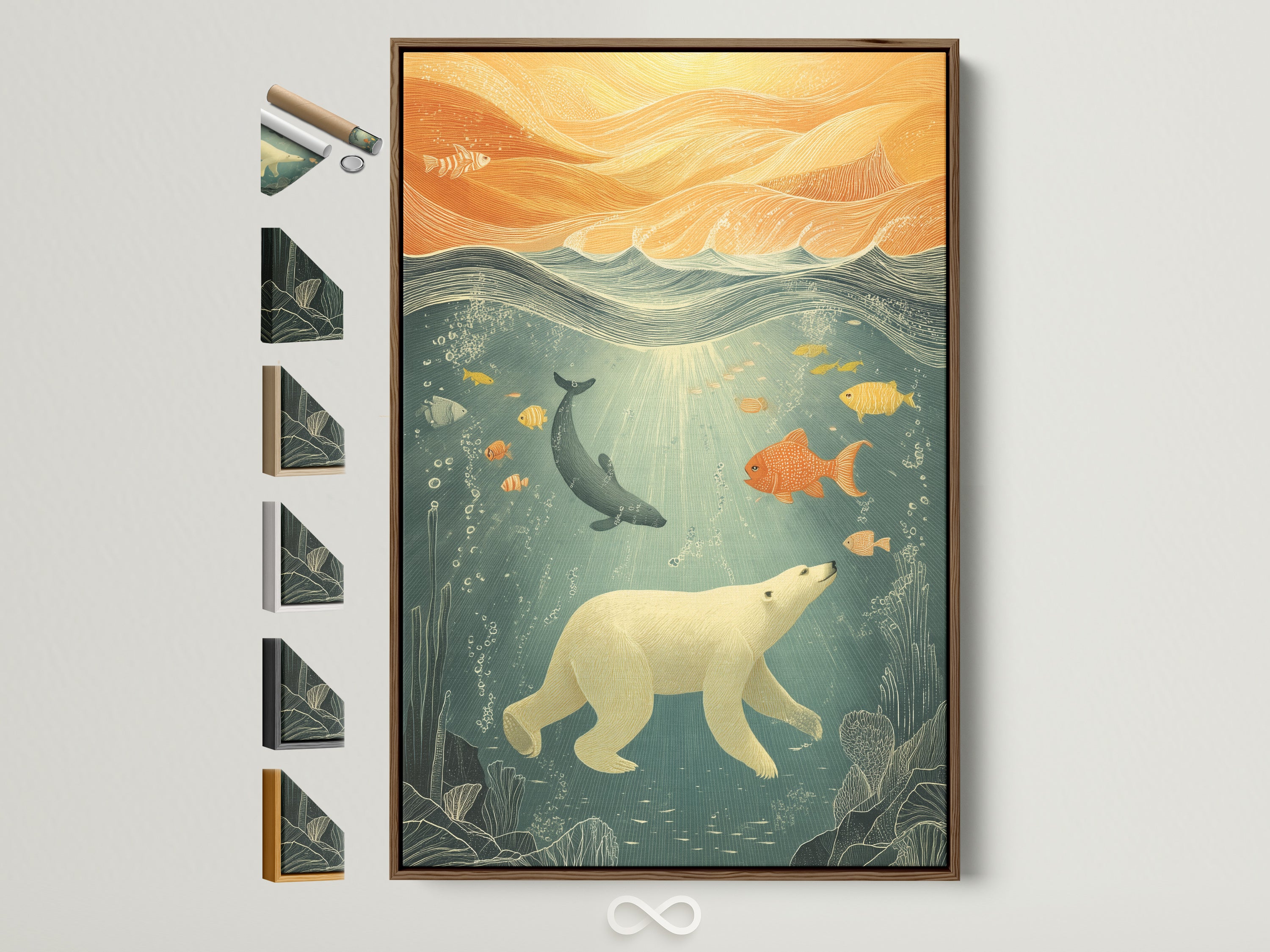 Ocean Wildlife Canvas Print in a brown frame. This artwork brings marine life to any kids room or nursery. See frame options on the side. This canvas features a polar bear underwater with fish. Coastal style with blue and orange hues. Perfect for adding aquatic charm to your home.