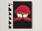 Crimson Tree artwork in a Brown frame. The red cityscape wall art is a modern silhouette. The artwork is displayed with various frame options. See oak white black and gold frame styles. Find the perfect frame for your modern artwork.