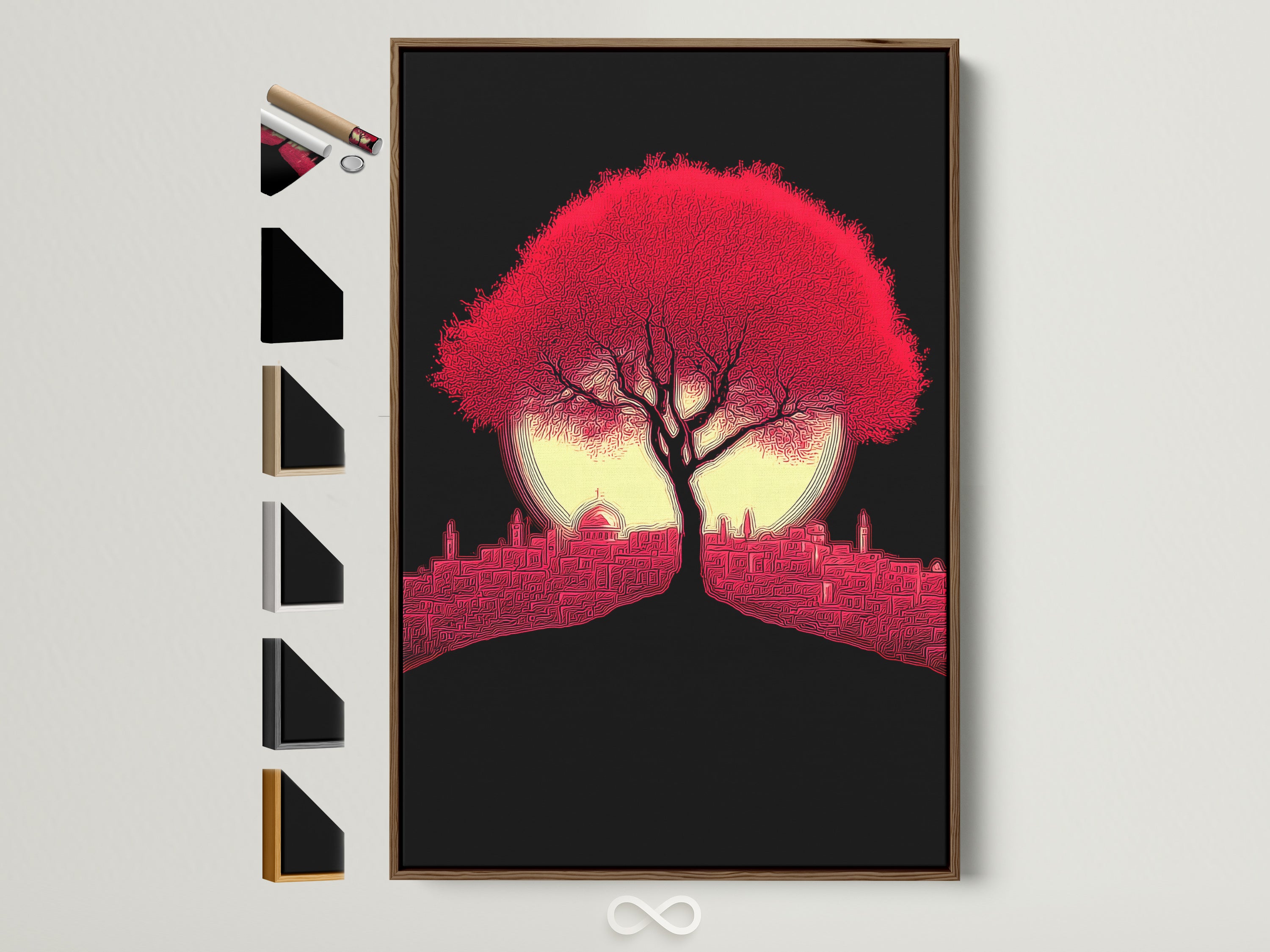 Crimson Tree artwork in a Brown frame. The red cityscape wall art is a modern silhouette. The artwork is displayed with various frame options. See oak white black and gold frame styles. Find the perfect frame for your modern artwork.