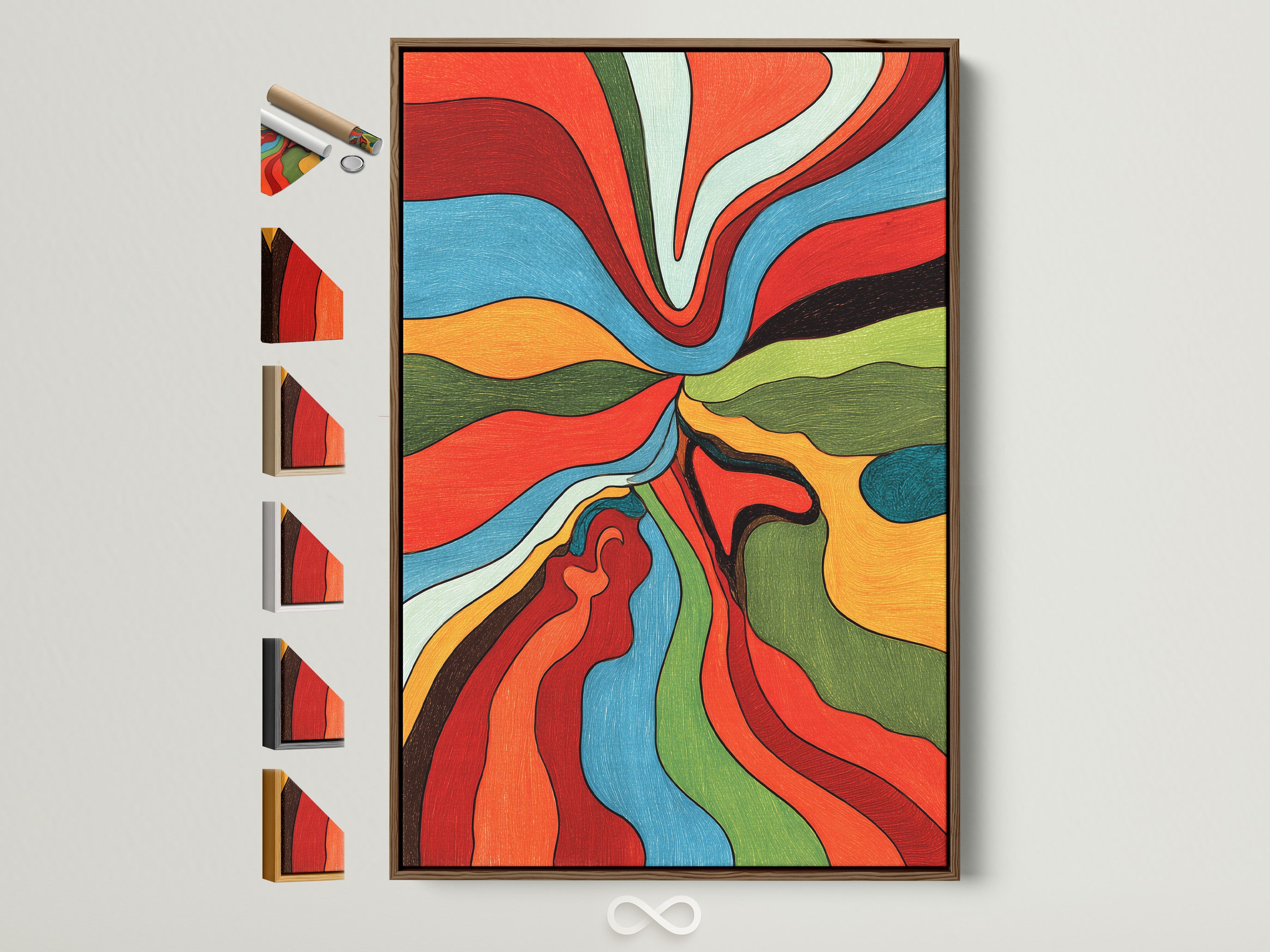 A vibrant art print with swirling colors is displayed in a brown frame. Explore our frame options to perfectly complement your artwork. We have many options on the side. Find the ideal frame to enhance your art today.