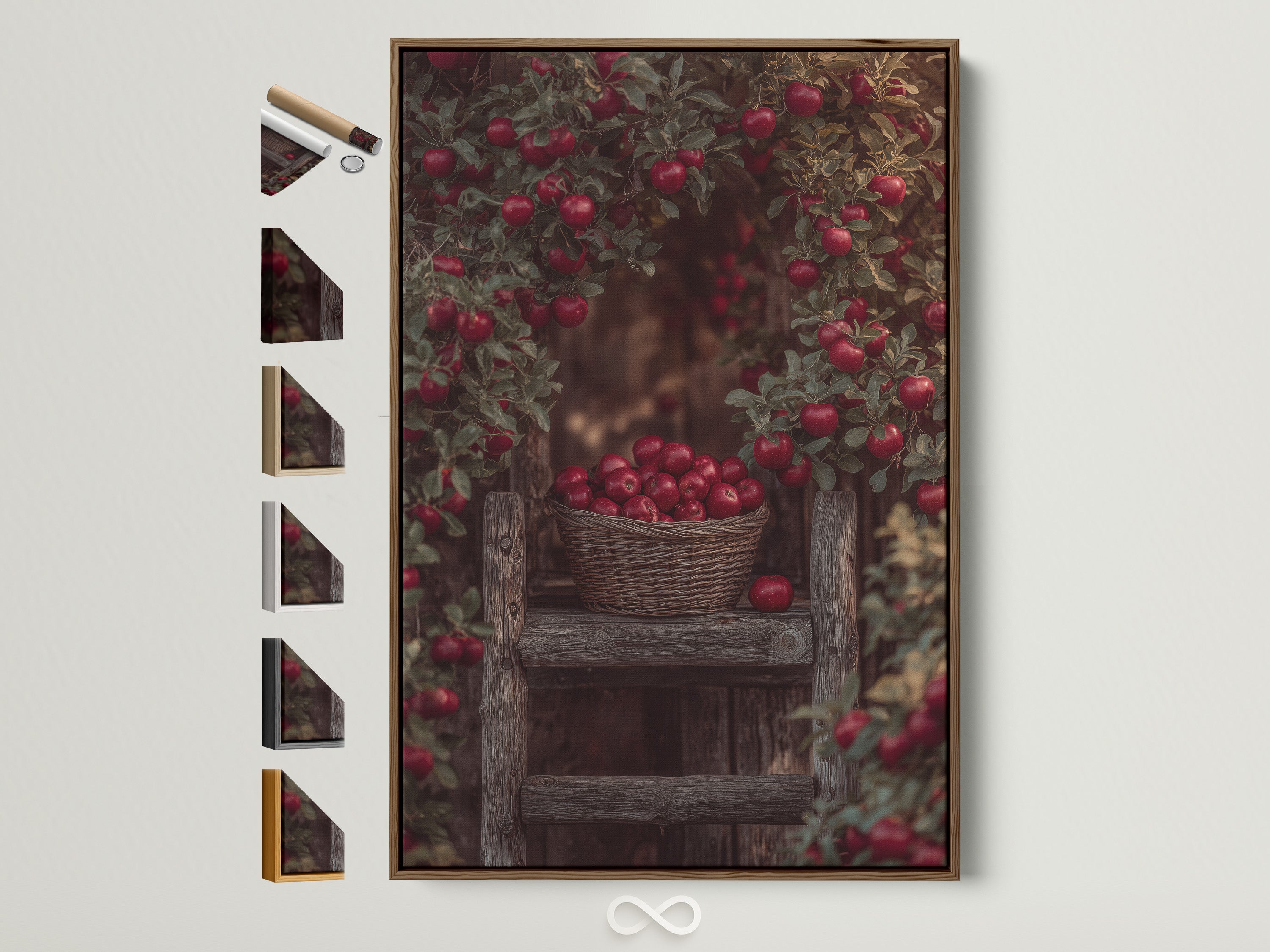 Apple Orchard art print in a brown frame. This rustic farmhouse wall art brings vintage harvest charm to any kitchen. Numerous frame options are displayed. Perfect for rustic home decor.