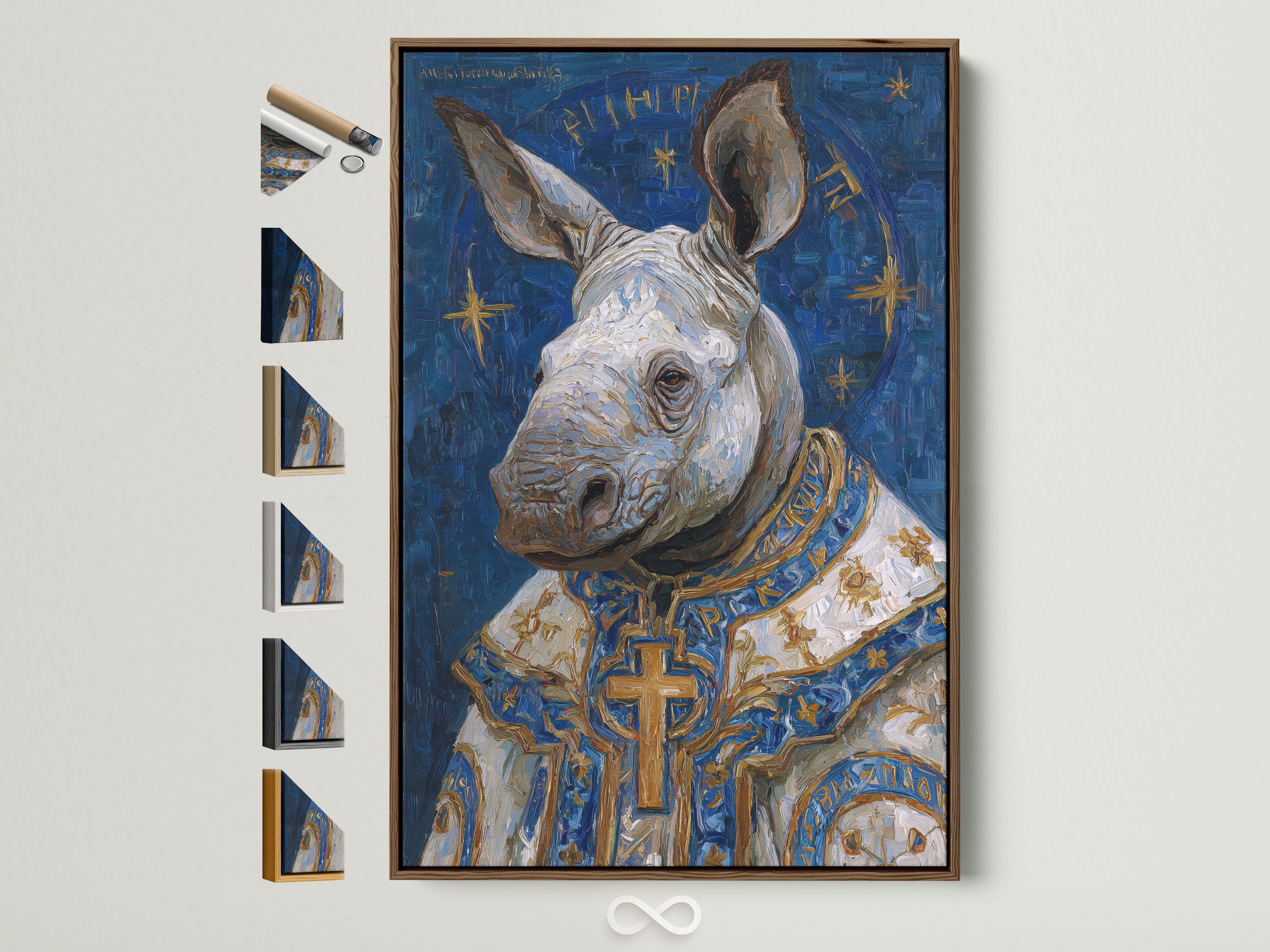 Surreal rhino art print framed in a brown frame. The artwork features a rhino dressed as a pope. See all the frame options to perfectly match your study room decor. Victorian style with blue and gold accents adds a unique touch to this quirky wall art.