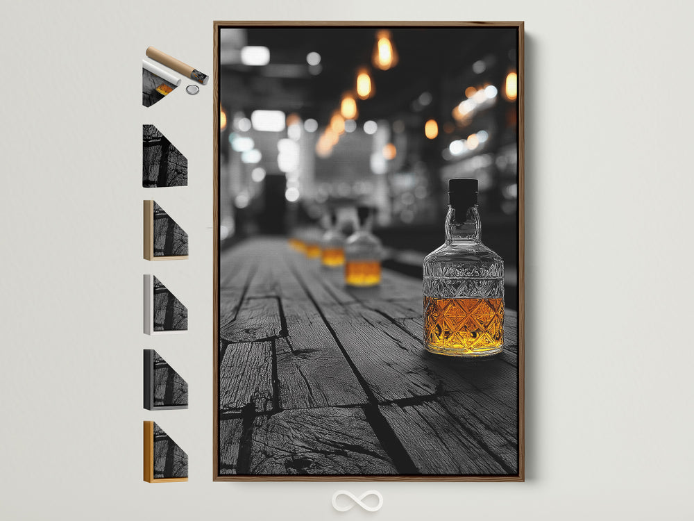 Bourbon whiskey bottle on rustic bar in monochrome with amber highlight