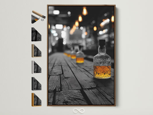 Rustic whiskey bar art print in a brown frame. This bourbon glass wall art is perfect man cave decor. The vintage distillery canvas print adds a touch of masculine charm. Explore framing options to customize your bar wall art.