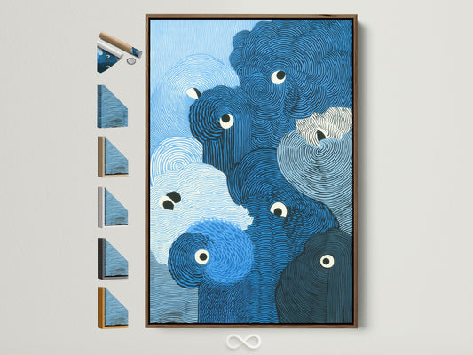 Framed abstract wave artwork in a brown frame hangs on a white wall. This blue ocean art features modern swirl patterns. Explore frame options for nautical home wall decor. This piece is perfect for adding a contemporary touch to your living space.