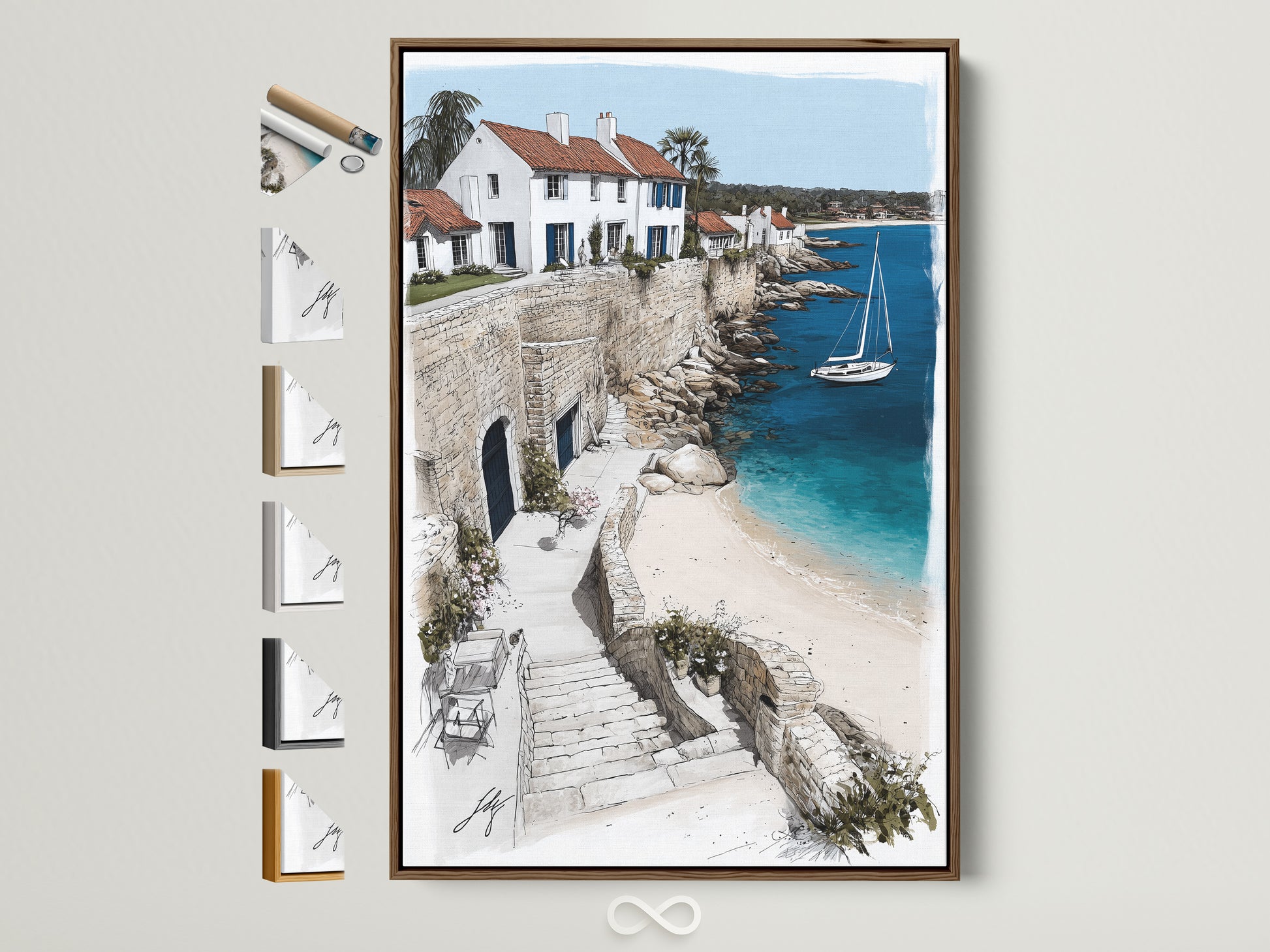 Coastal Village artwork in a brown frame. The artwork features white houses with red roofs perched on a cliffside. A sailboat glides on the turquoise sea. The image captures a serene Mediterranean coastline. This artwork adds a touch of coastal charm to any room and you can view all the frame options on the side.