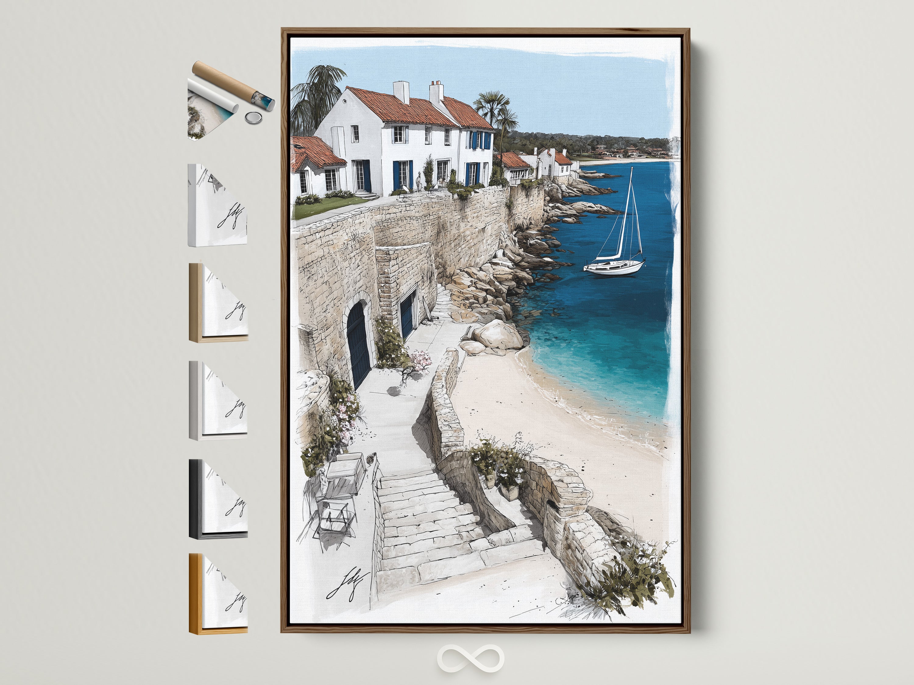 Coastal Village artwork in a brown frame. The artwork features white houses with red roofs perched on a cliffside. A sailboat glides on the turquoise sea. The image captures a serene Mediterranean coastline. This artwork adds a touch of coastal charm to any room and you can view all the frame options on the side.