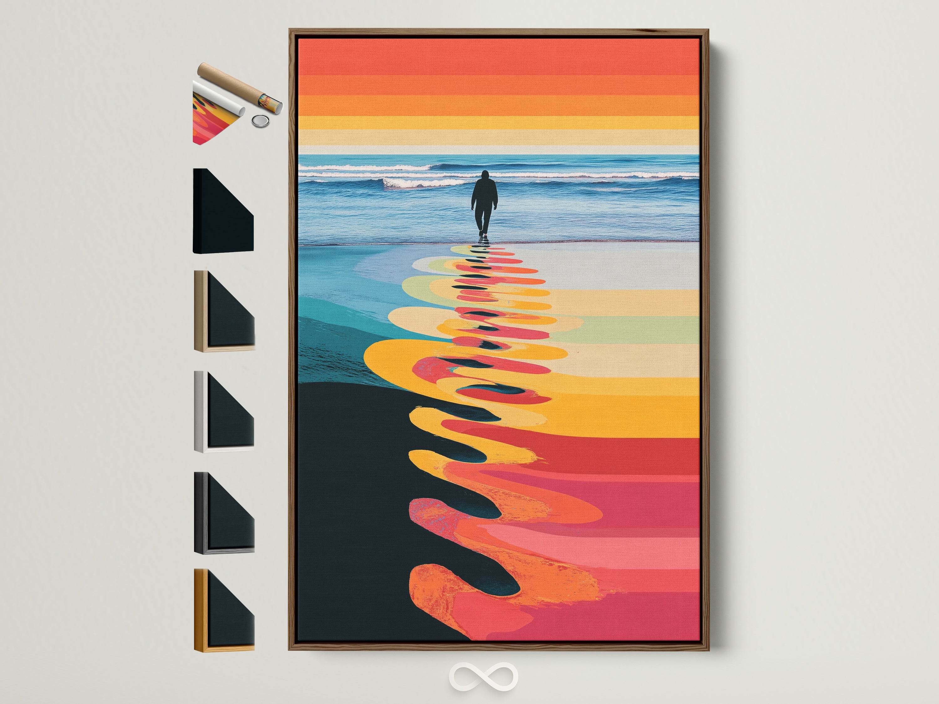 Retro striped seascape wall art in a brown frame is displayed. The artwork features a lone figure walking on a beach with a sunset. Calming coastal artwork for office decor. Explore all frame options for this beach walker canvas print. Find the perfect frame to complement your modern art print.