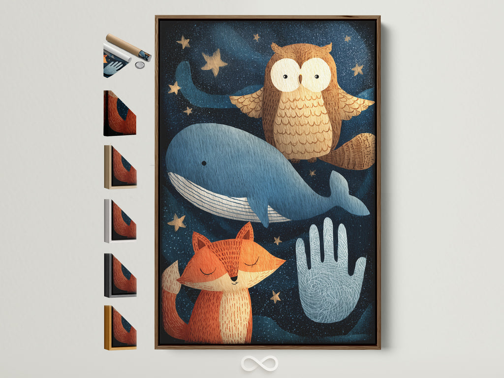 A brown frame displays various frame options along the side. This artwork is a whimsical piece. It features a fox an owl a whale and a hand. The background is a starlit night sky. Perfect for a child's room or nursery this print brings a touch of magic.