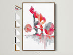 Weightlifting art print in a brown frame. The artwork features a geometric abstract of a weightlifter. All available frame options are displayed on the side. Perfect gym wall art.