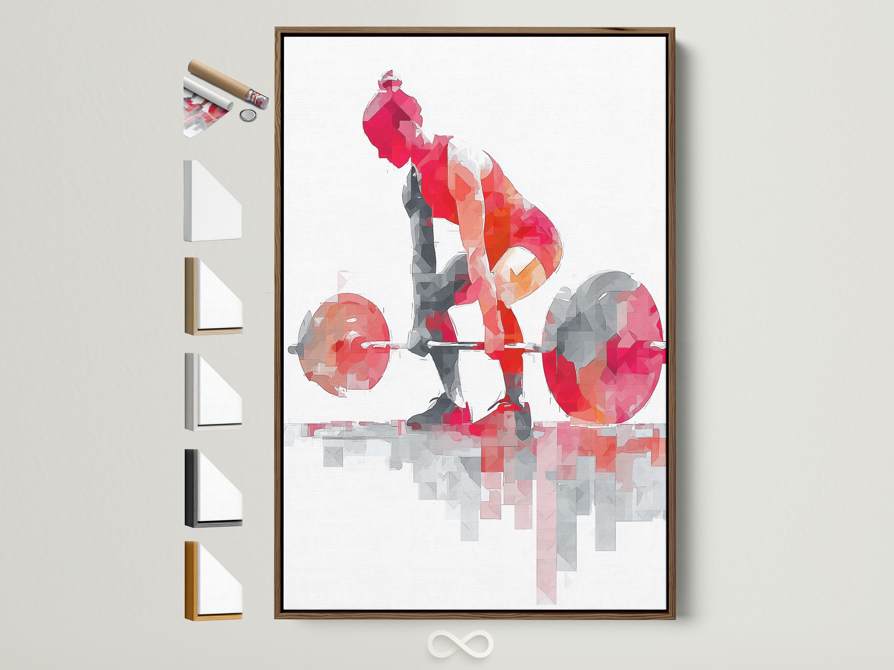 Weightlifting art print in a brown frame. The artwork features a geometric abstract of a weightlifter. All available frame options are displayed on the side. Perfect gym wall art.