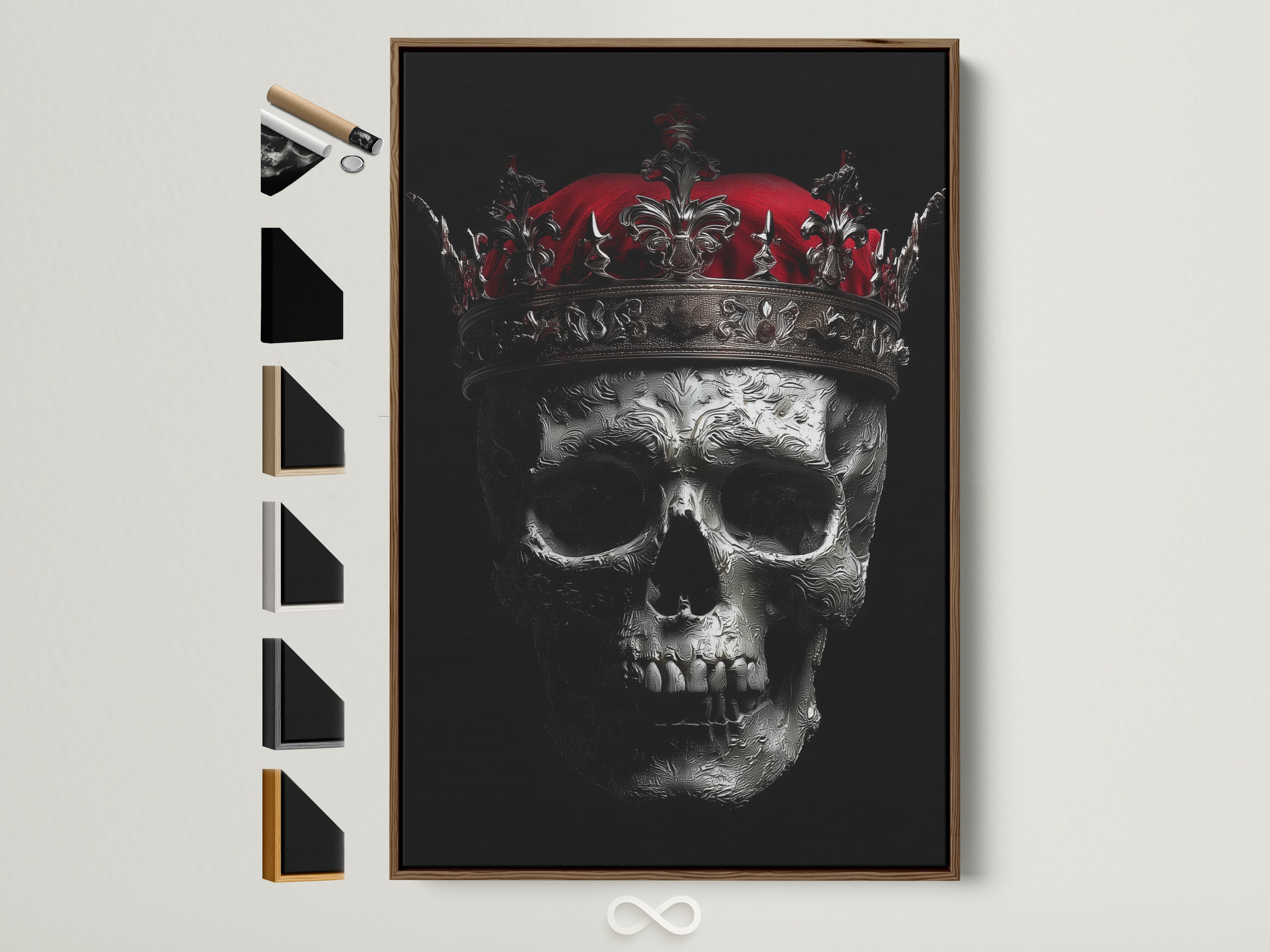 A captivating skull king canvas print with a brown frame. Various frame options are displayed beside it. The artwork adds a touch of gothic and dark academia to any room. Perfect for those seeking macabre art and spooky decor. Elevate your space with this unique piece. It blends red and black hues into a metal art aesthetic.
