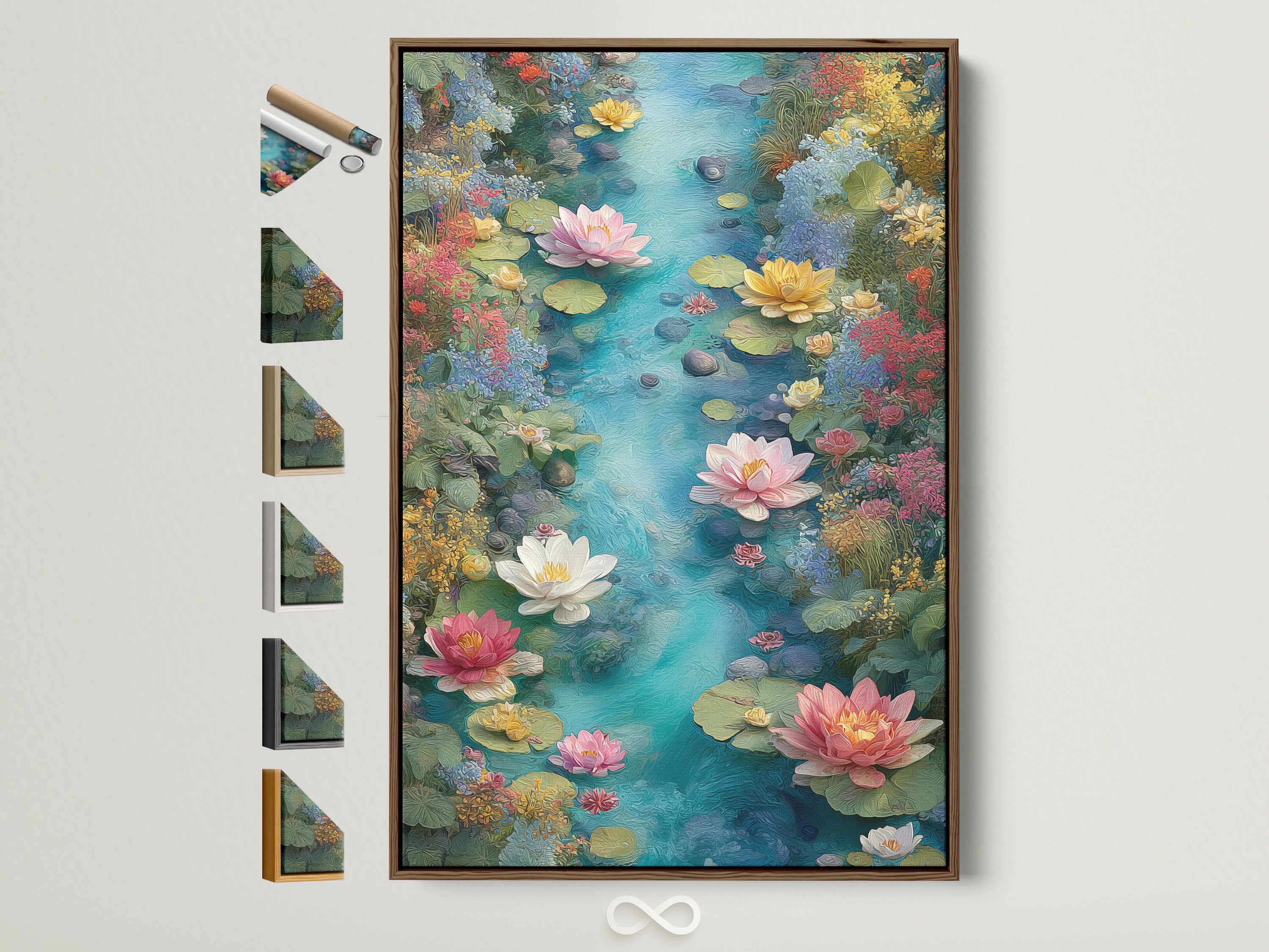 Elevate your space with the Water Lily Canvas Print. This botanical pond wall art features a lotus flower artwork in a brown frame. Explore frame options to suit modern coastal or zen styles. Perfect for spa bathroom decor.