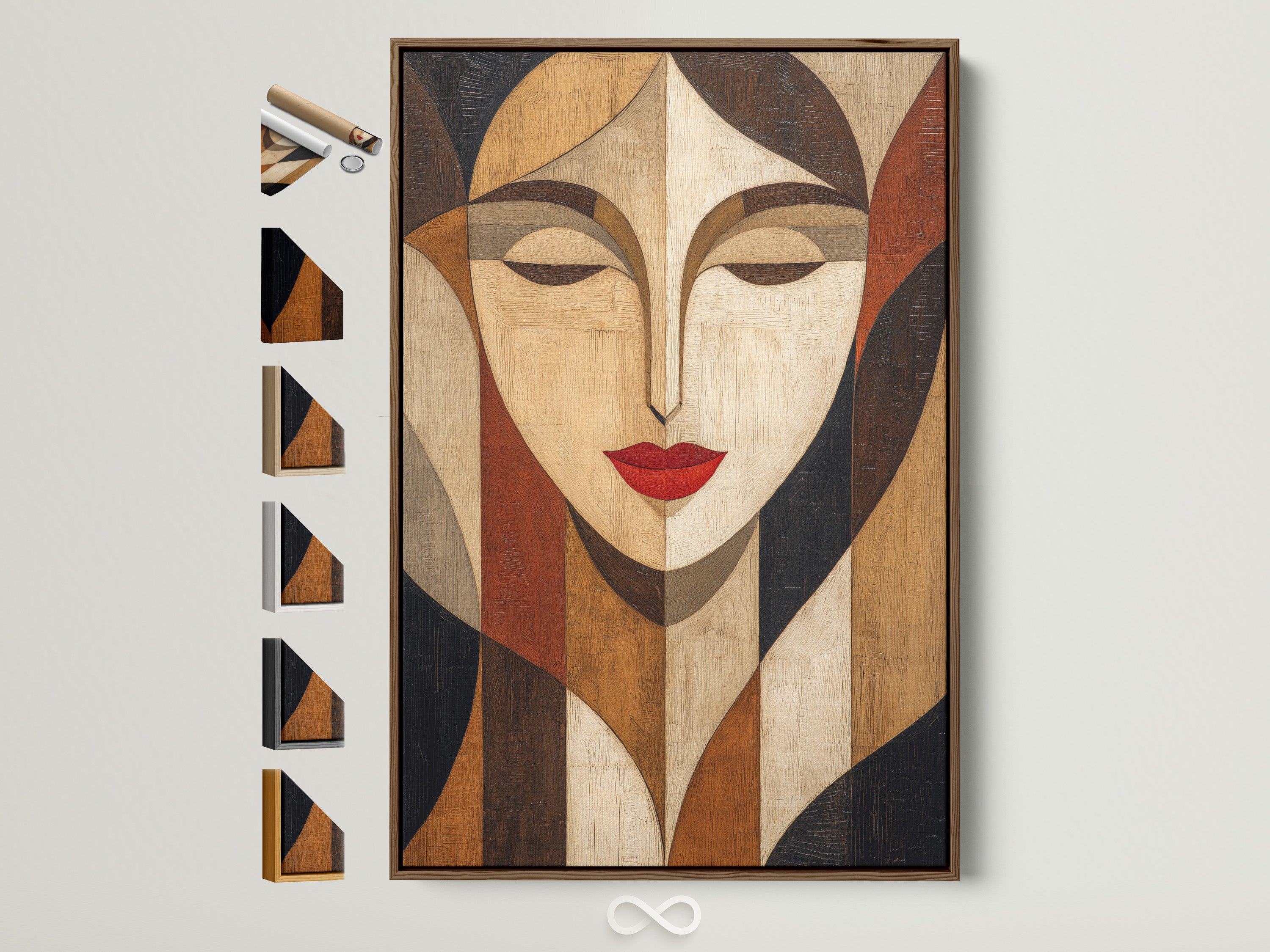 A framed artwork hangs on a white wall. The brown frame complements the art. Frame options are displayed beside the artwork. This highlights the versatility of the framing choices available to match any art and decor style.