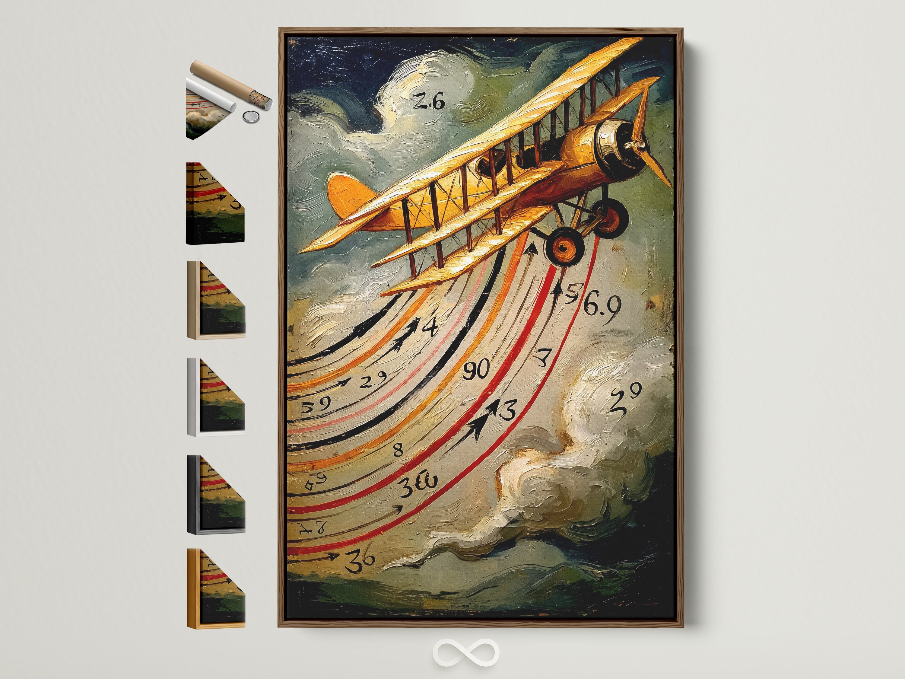 Vintage Airplane artwork with a yellow biplane soaring through a cloudy sky. The artwork is framed in a brown frame. On the side are other frame options. Perfect aviation decor for an office or home. Add a retro touch to any space with this historic aircraft print.