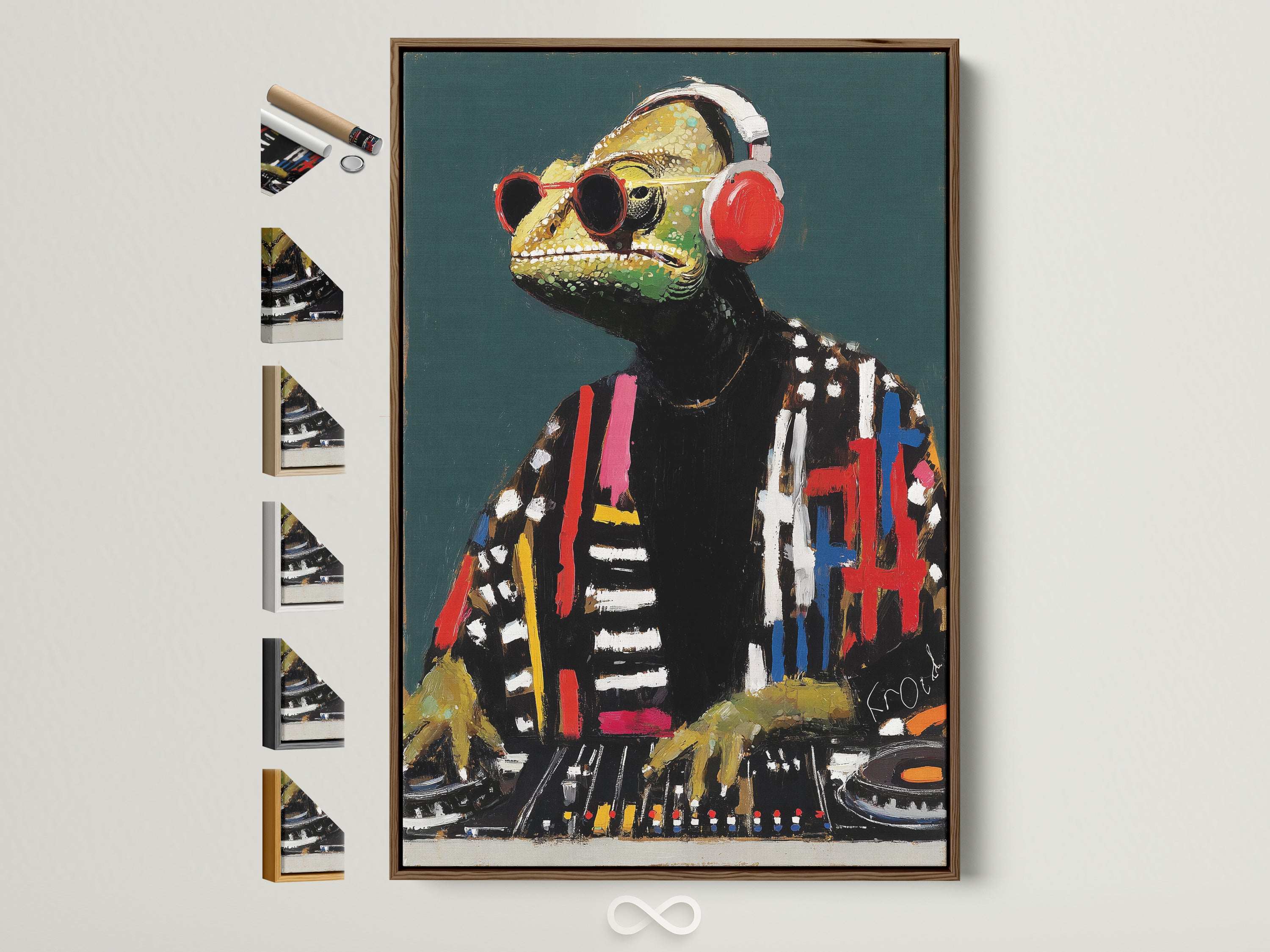 DJ Iguana art print in a brown frame. This music lover wall art adds a modern touch to any studio or office. See frame options to customize your funky animal artwork. Find the perfect fit for your space.