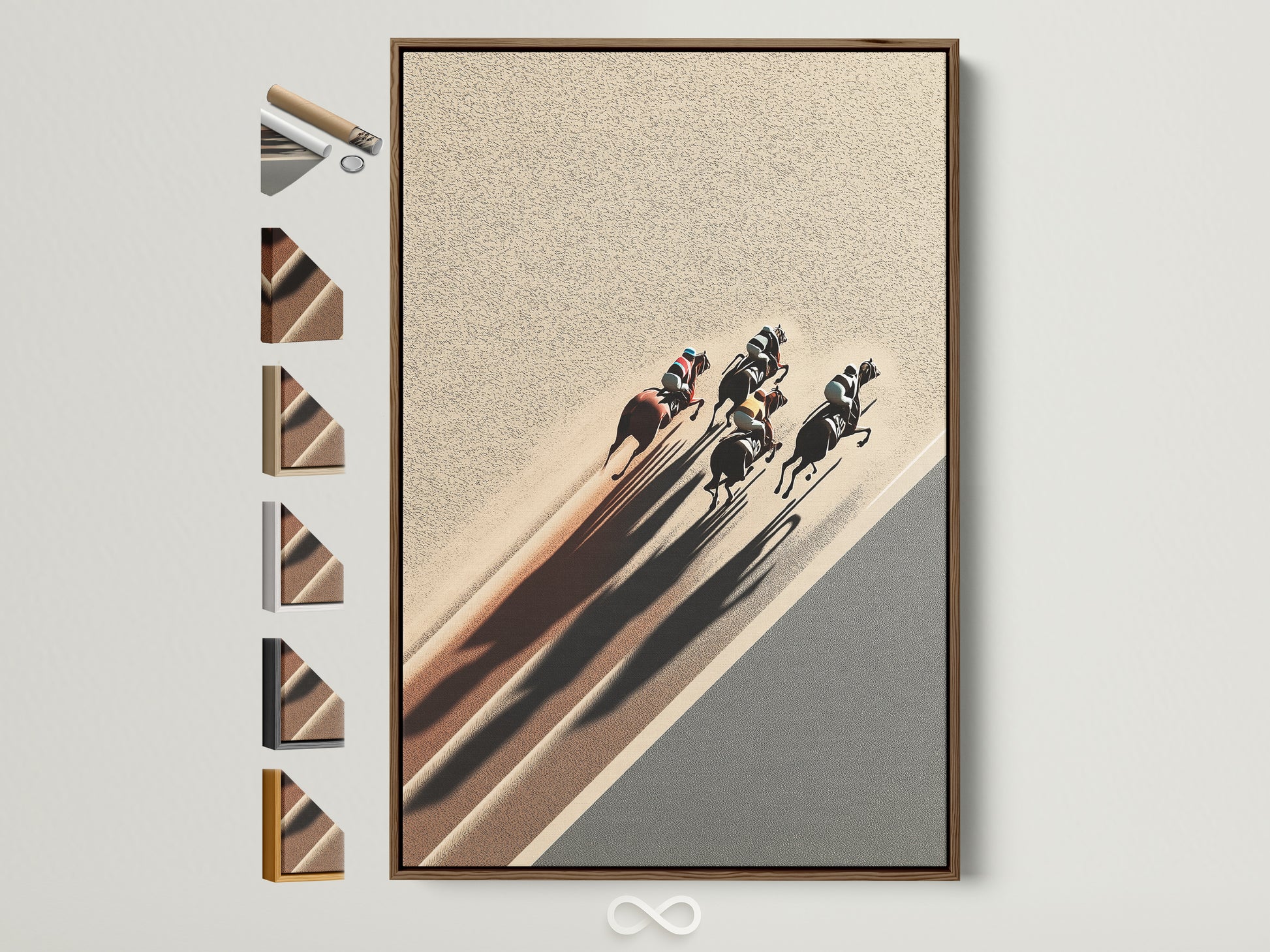 Elevate your space with our horse racing art. This equestrian wall art features a brown frame. All frame options are displayed. Perfect sport photography for office decor. Add a touch of equine elegance.