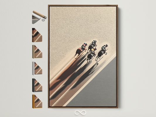 Elevate your space with our horse racing art. This equestrian wall art features a brown frame. All frame options are displayed. Perfect sport photography for office decor. Add a touch of equine elegance.
