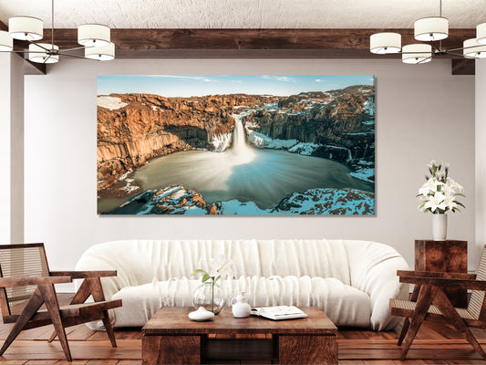 Iceland Waterfall Canvas Art - Dramatic Landscape Wall Decor, Brown Mountain Scenery, Nordic Style Living Room Art, Gift for Him