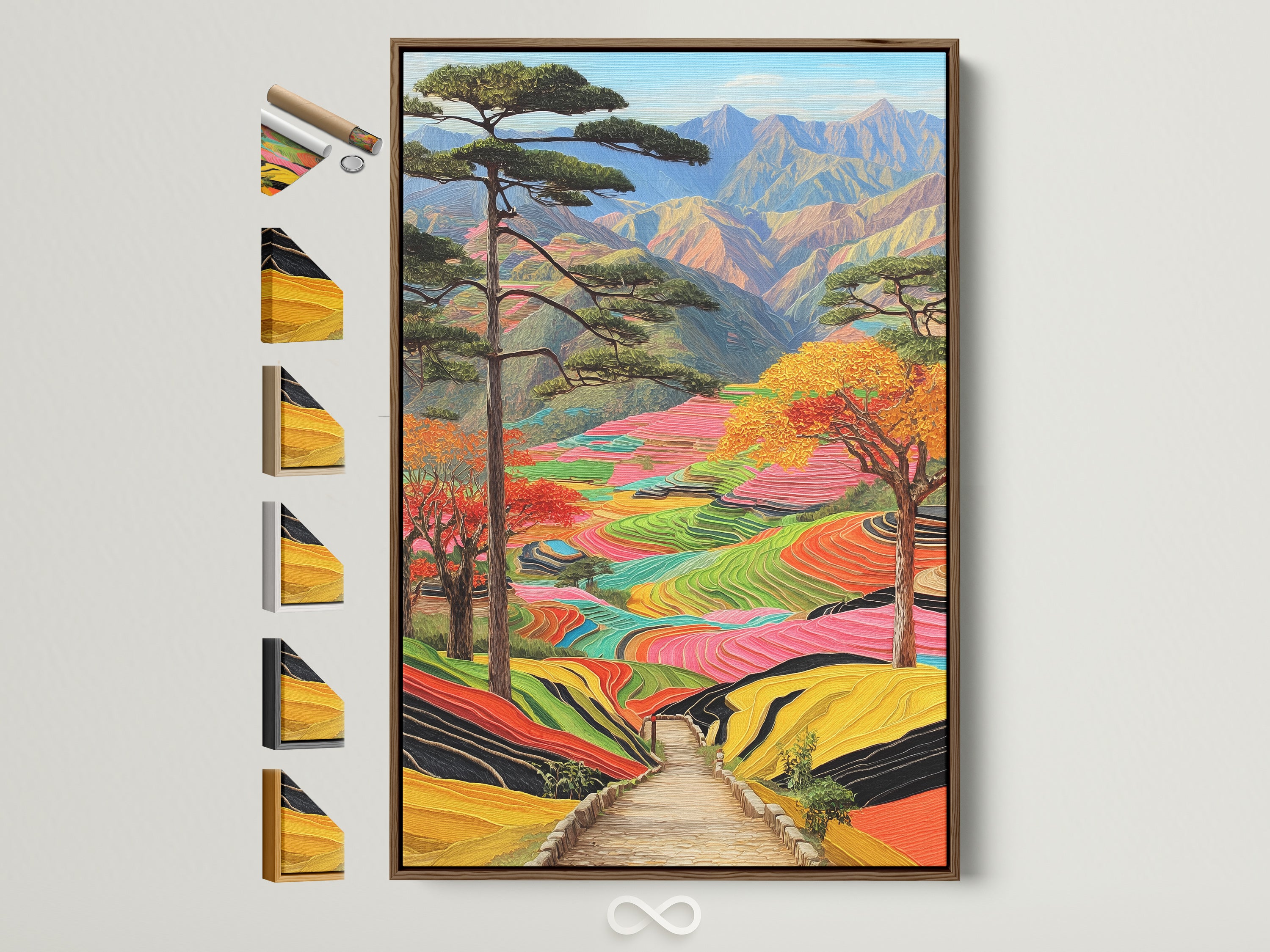 Framed terraced rice fields artwork is displayed. A brown frame surrounds the colorful mountain landscape wall art. See all frame options available. Perfect Asian style decor for any dining area.