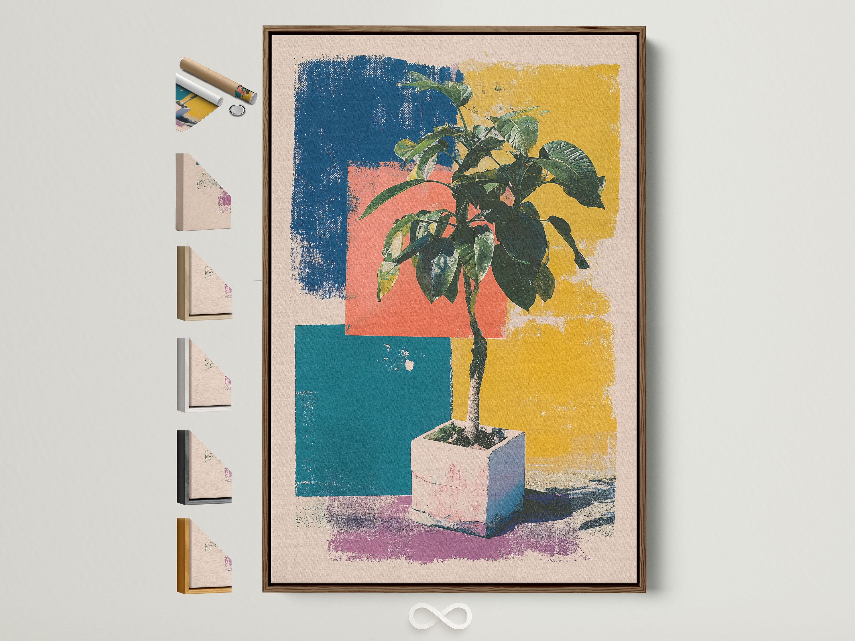 Botanical Pop Art Canvas in teal and yellow — full hero view on wall