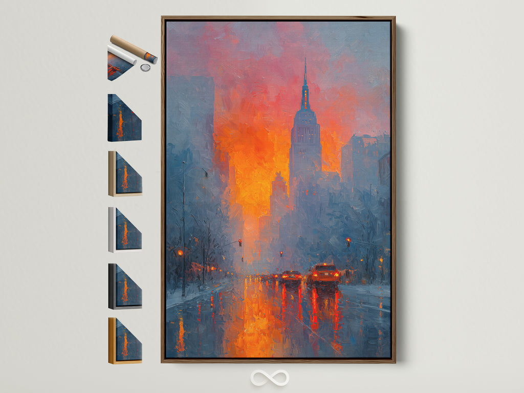 Explore framing options for the New York Cityscape artwork. The featured artwork showcases a vivid sunset skyline in a brown frame. See all available frame styles to customize your modern artwork. Perfect for adding a touch of urban sophistication to any space.