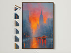 Explore framing options for the New York Cityscape artwork. The featured artwork showcases a vivid sunset skyline in a brown frame. See all available frame styles to customize your modern artwork. Perfect for adding a touch of urban sophistication to any space.