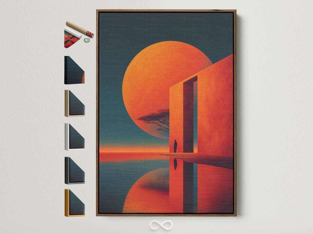 A captivating abstract sunset artwork is displayed in a brown frame. Other frame options are visible showcasing the versatility of presentation. The artwork features a modern geometric style with coral and orange hues. This piece brings contemporary elegance to any space. Find the perfect frame to complement your style. Enhance your wall decor with this stunning art.