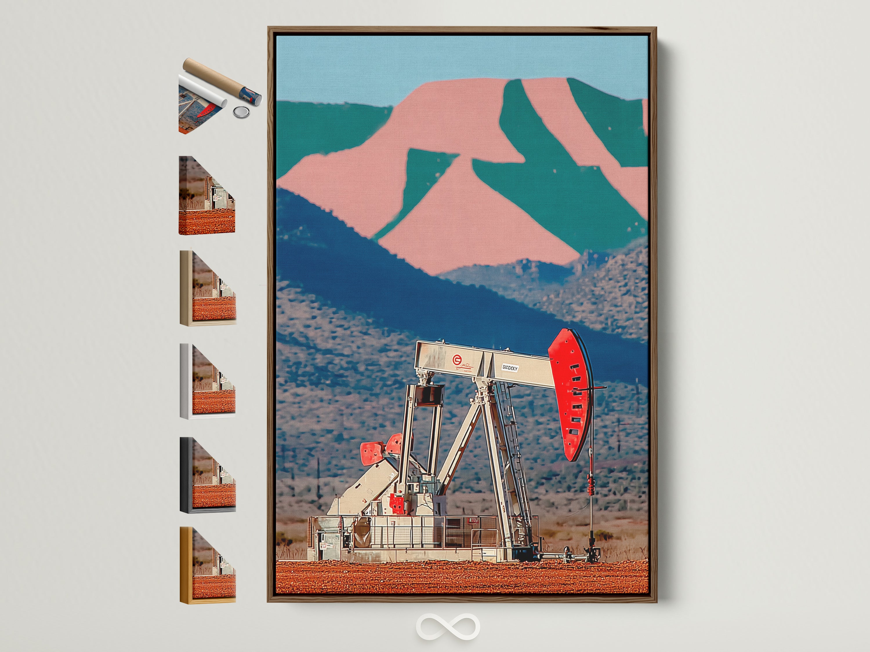 Retro pop art print of a desert oil pump in a brown frame. The art evokes an industrial landscape with mountains in the background. Explore framed artwork options. Discover office wall decor ideal for Americana and industrial styles.
